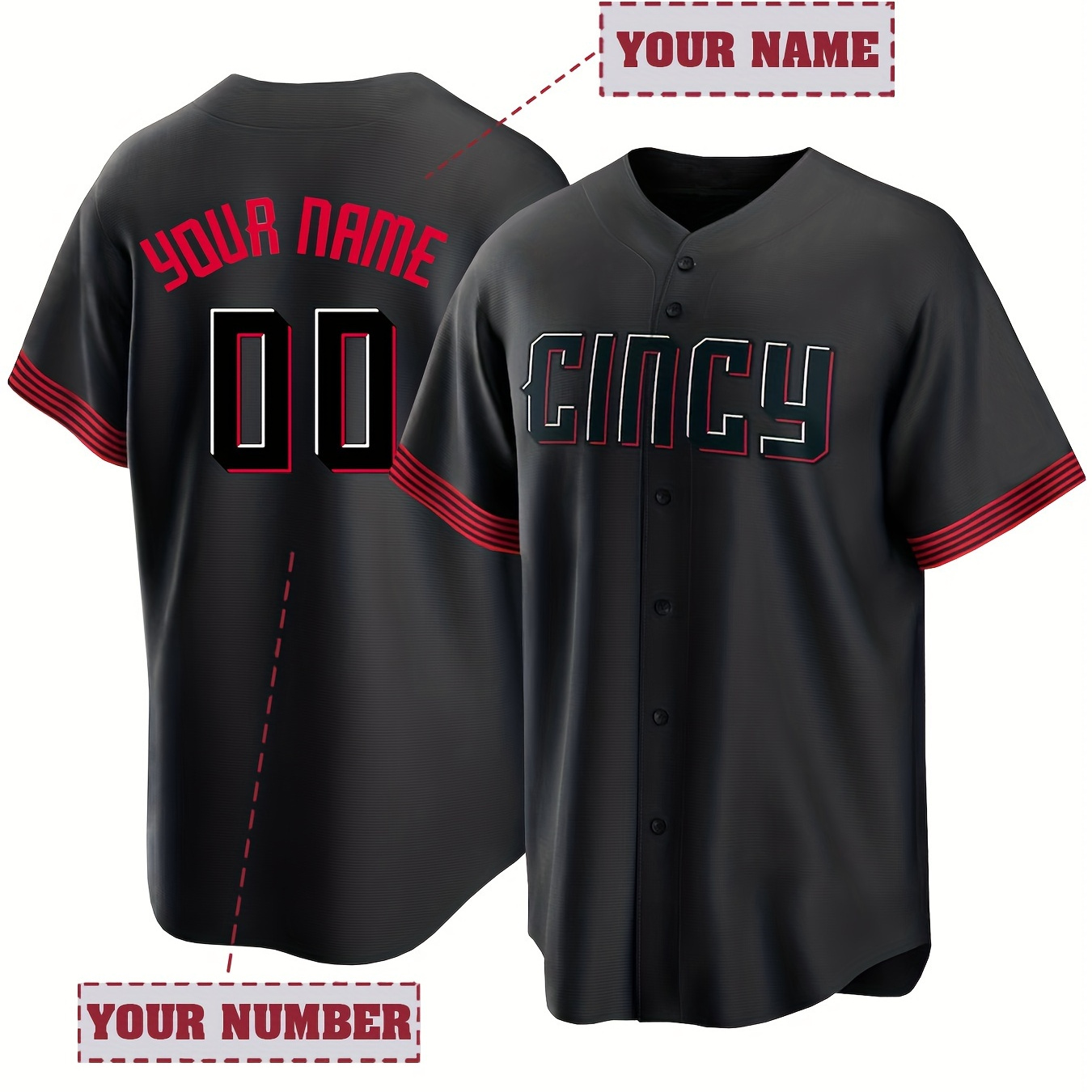 

Customized Personalized Name And Number Baseball Jersey For Men, Short Sleeve V-neck Button Down With Embroidery Design, Loose Fit Team Training Sports Shirt