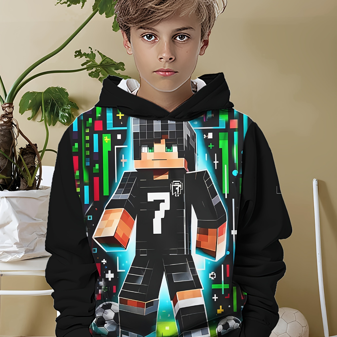 

Boys' Anime Soccer Print Hoodie - Casual & Versatile, Stretchy Polyester Blend, Machine Washable - Perfect For Spring/fall
