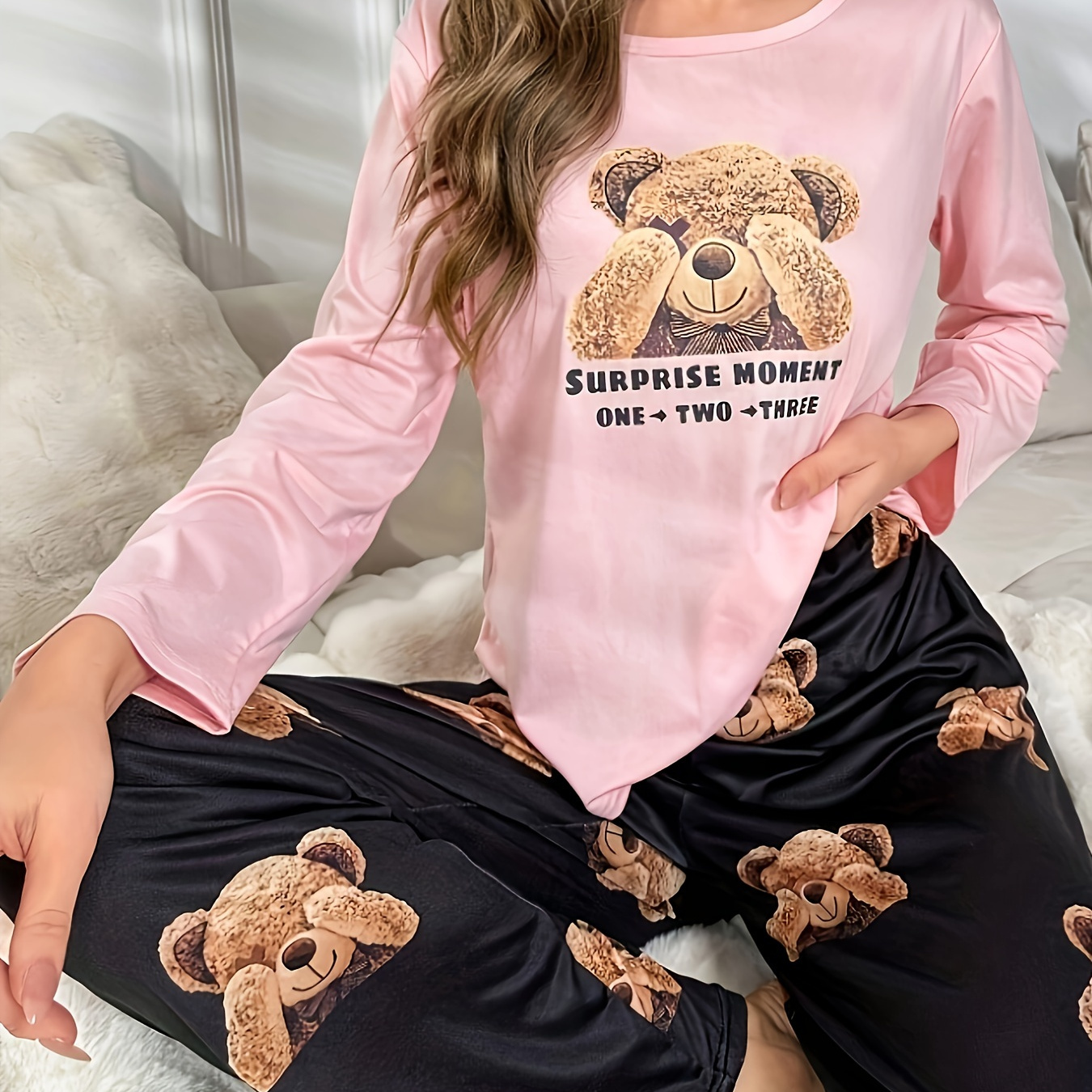 

Women's Cute Bear & Slogan Print Pajama Set, Long Sleeve Round Neck Top & Pants, Comfortable Relaxed Fit For Fall