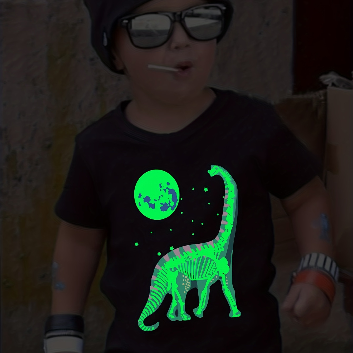 

Luminous Dinosaur And Moon Print T Shirt, Tees For Kids Boys, Casual Short Sleeve T-shirt For Summer Spring Fall, Tops As Gifts