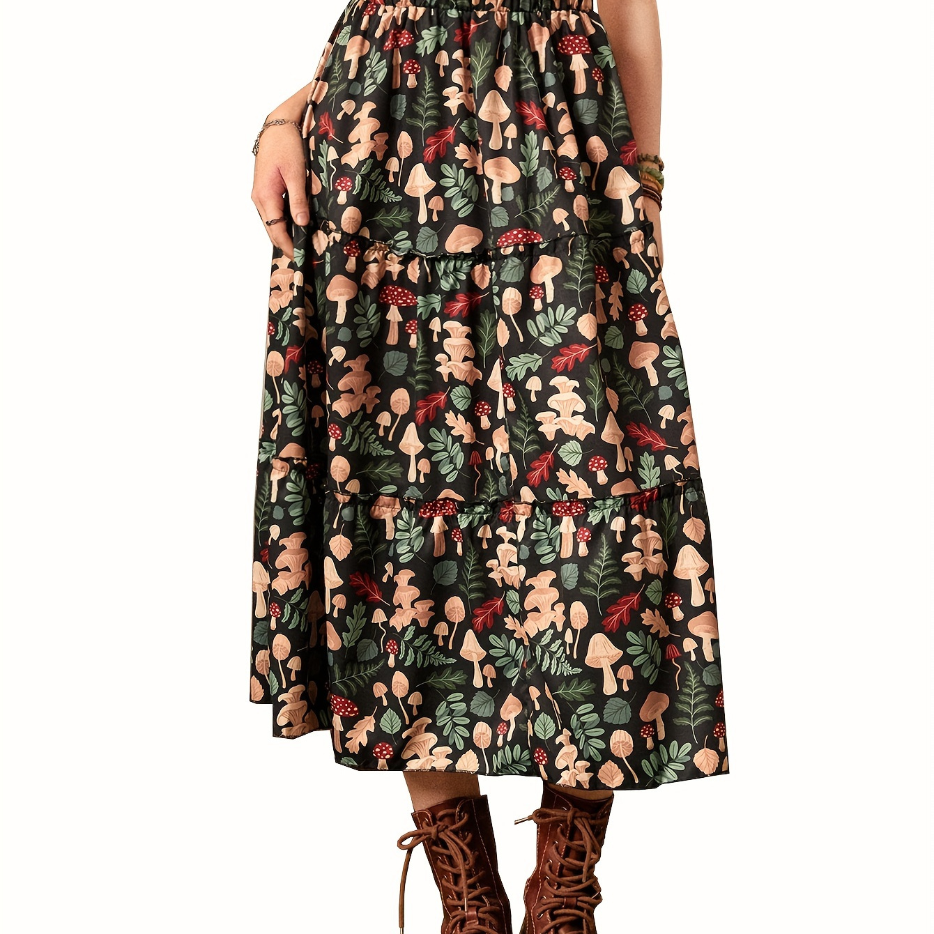 

Mushroom Print Elastic Waist Skirt, Casual A-line Tiered Skirt For Spring & Summer, Women's Clothing