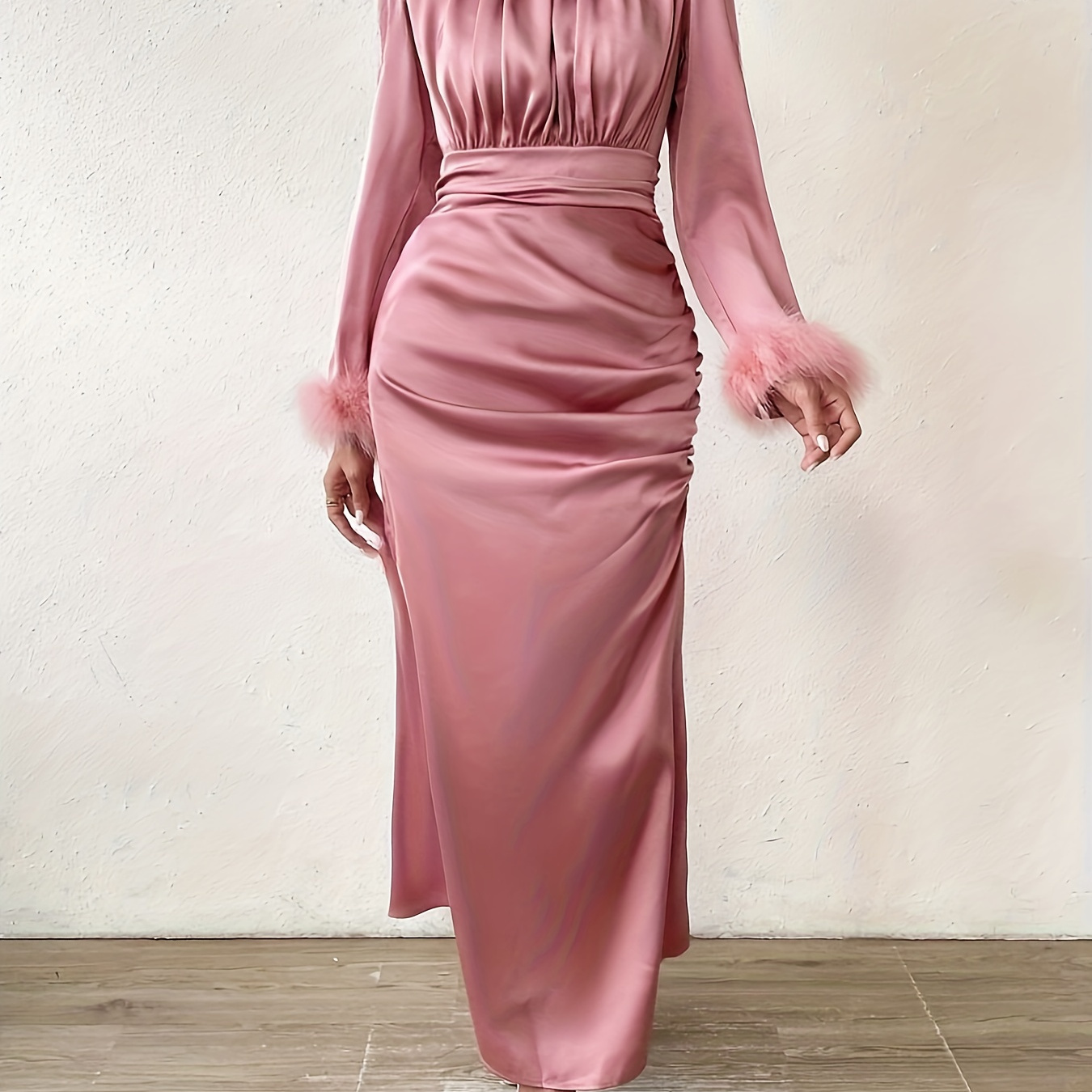 

Elegant Pink Satin Dress With Fluffy Sleeve Details, High-waisted Ruched Design, And Chic Mock Neck - Long Sleeve, Polyester, Machine Washable - Summer