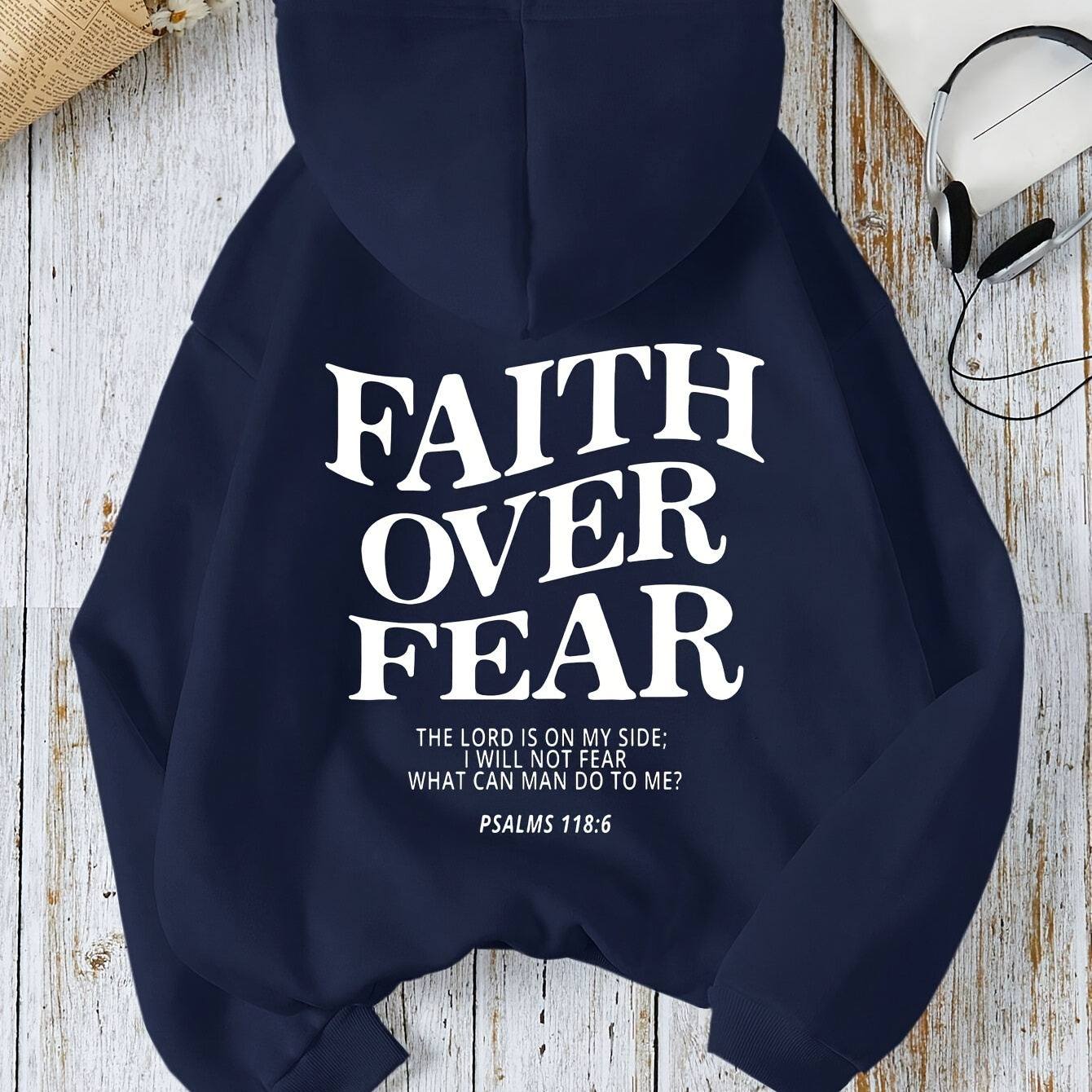 [Inspirational Sweatshirt] Cozy Navy Blue Women's Hooded Sweatshirt | Faith Over Fear Print, Psalm 118:6, Kangaroo Pocket, Long Sleeve, Casual Pullover, Machine Washable, Comfortable Clothing, Trendy Sportswear, Durable Sportswear