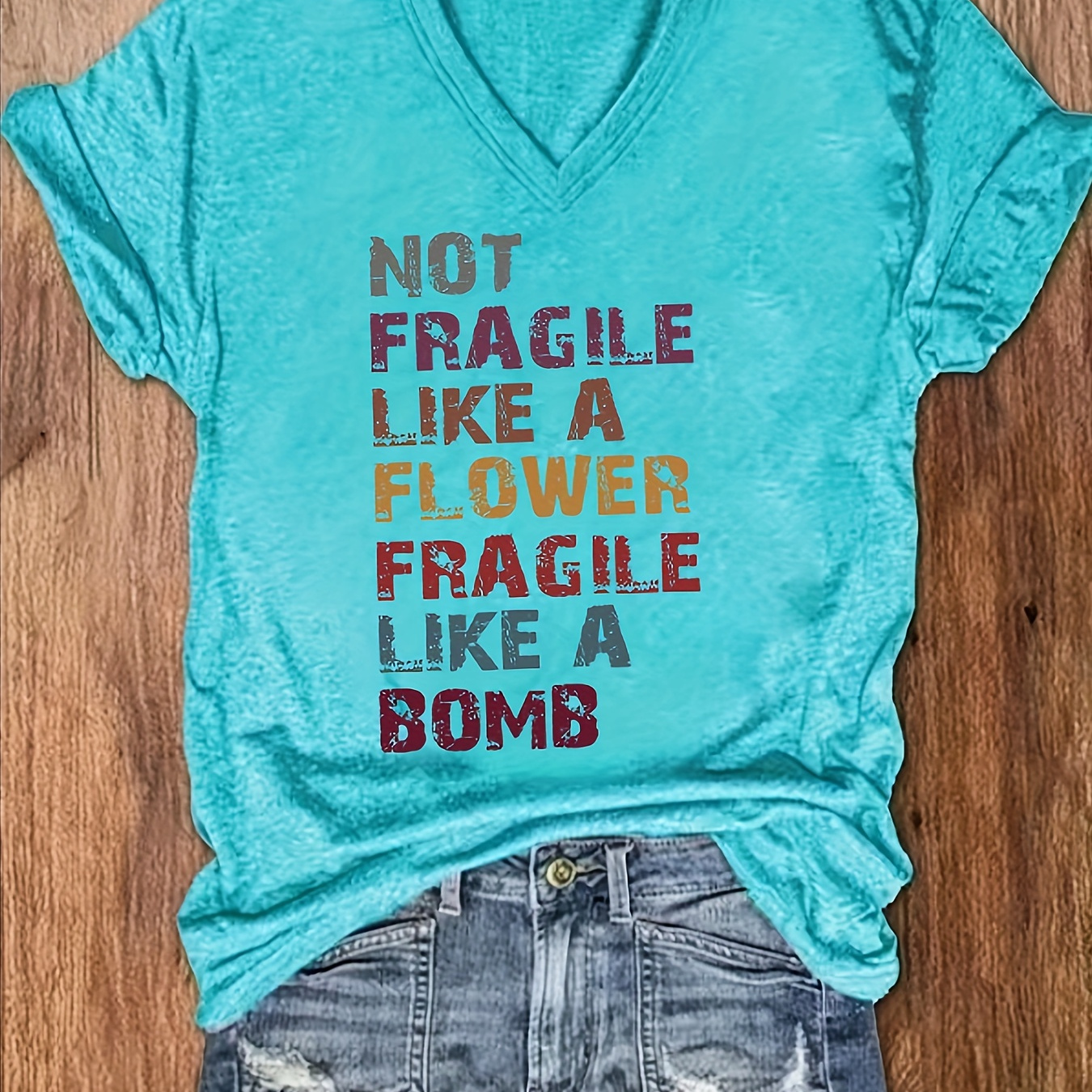 

Letter Print V Neck T-shirt, Short Sleeve Casual Top For Spring & Summer, Women's Clothing