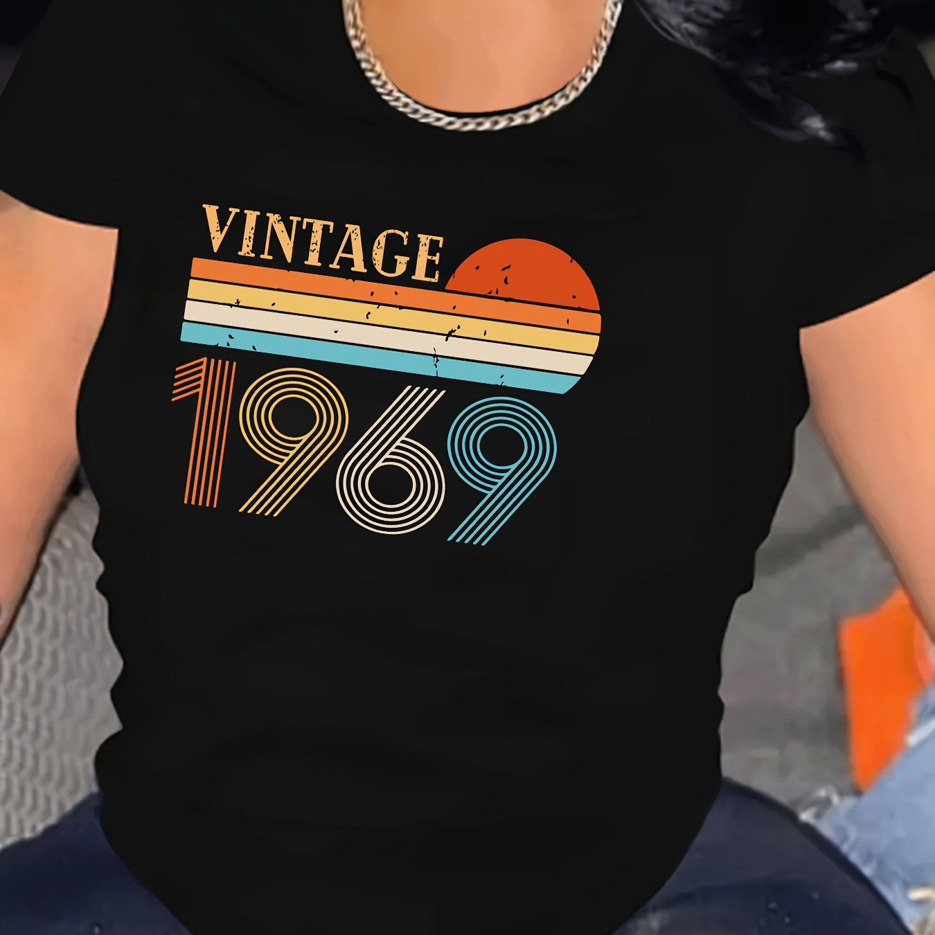 

Women's Plus Size Casual Sporty T-shirt, Vintage 1969 Print, Comfort Fit Short Sleeve Tee, Fashion Breathable Casual Top