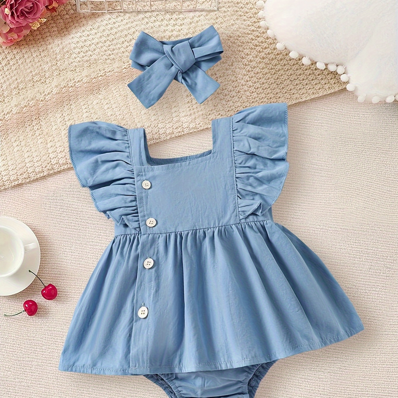 

Baby's Lovely Button Decor Square Neck Cap Sleeve Romper Dress, Infant & Toddler Girl's Clothing For Summer/spring, As Gift