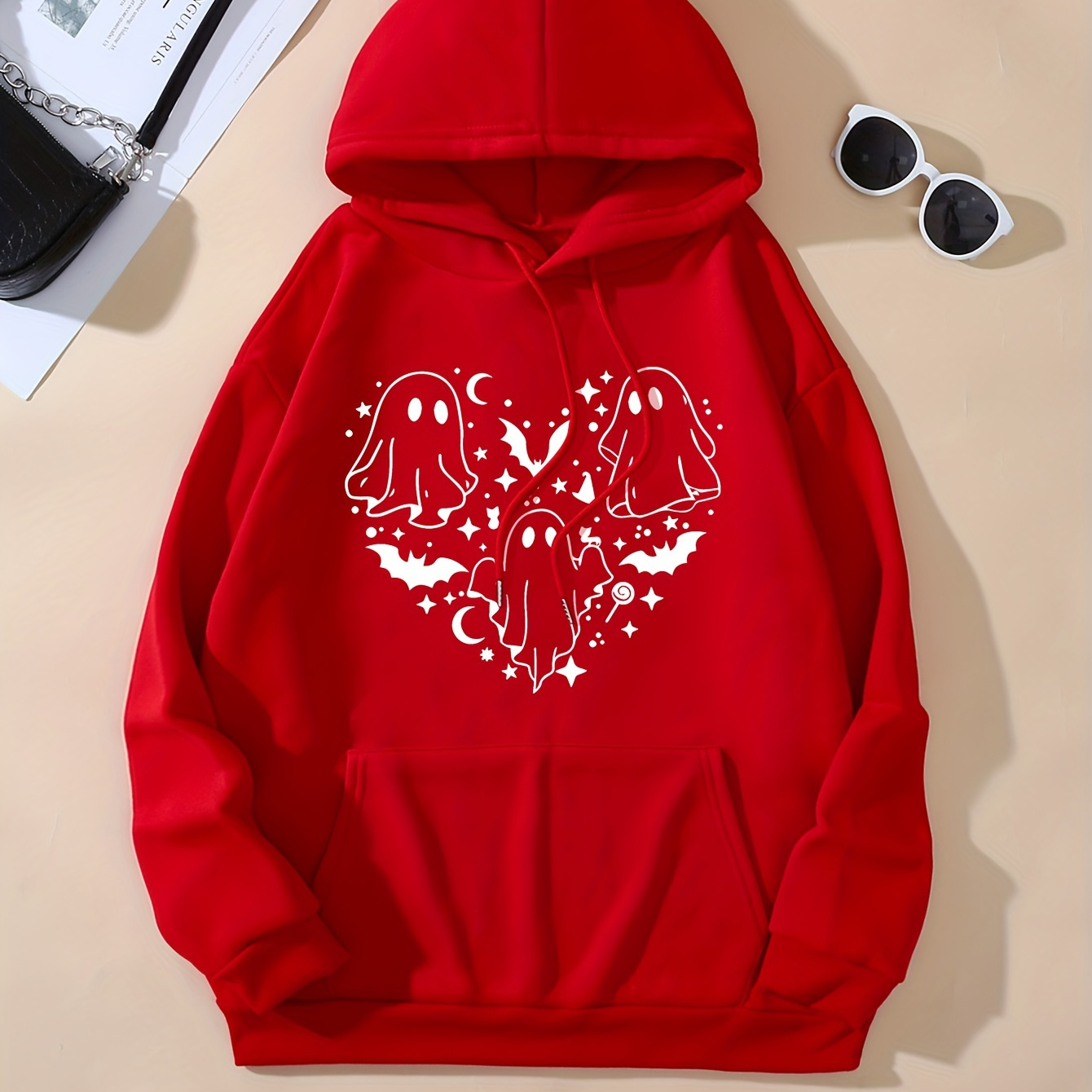 

Plus Size Halloween Sweatshirt, Women's Plus Cute Ghost & Heart Print Long Sleeve Drawstring Hooded Pullover Sweatshirt With Kangaroo Pockets, Casual Tops For Fall & Winter, Plus Size Women's Clothing