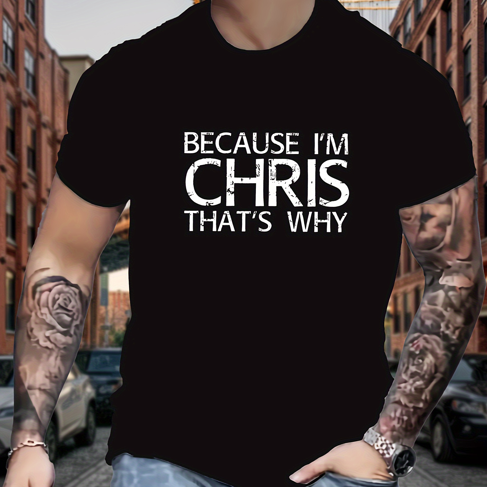

Because I'm Chris That's Why Print Men's Crew Neck Short Sleeve T-shirt, Summer Casual Comfy Top For Outdoor Fitness & Daily Wear
