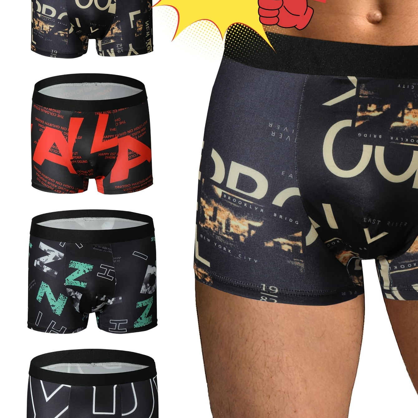 

Men's Breathable Boxer Briefs With Flat Seam - Comfortable, Underwear In Assorted Prints, Polyester Knit Fabric For Casual Attire