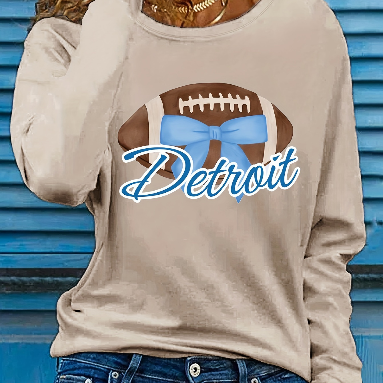 

Women's Casual Long Sleeve T-shirt With Football - Crew Neck, Soft Polyester , Machine Washable - Fall