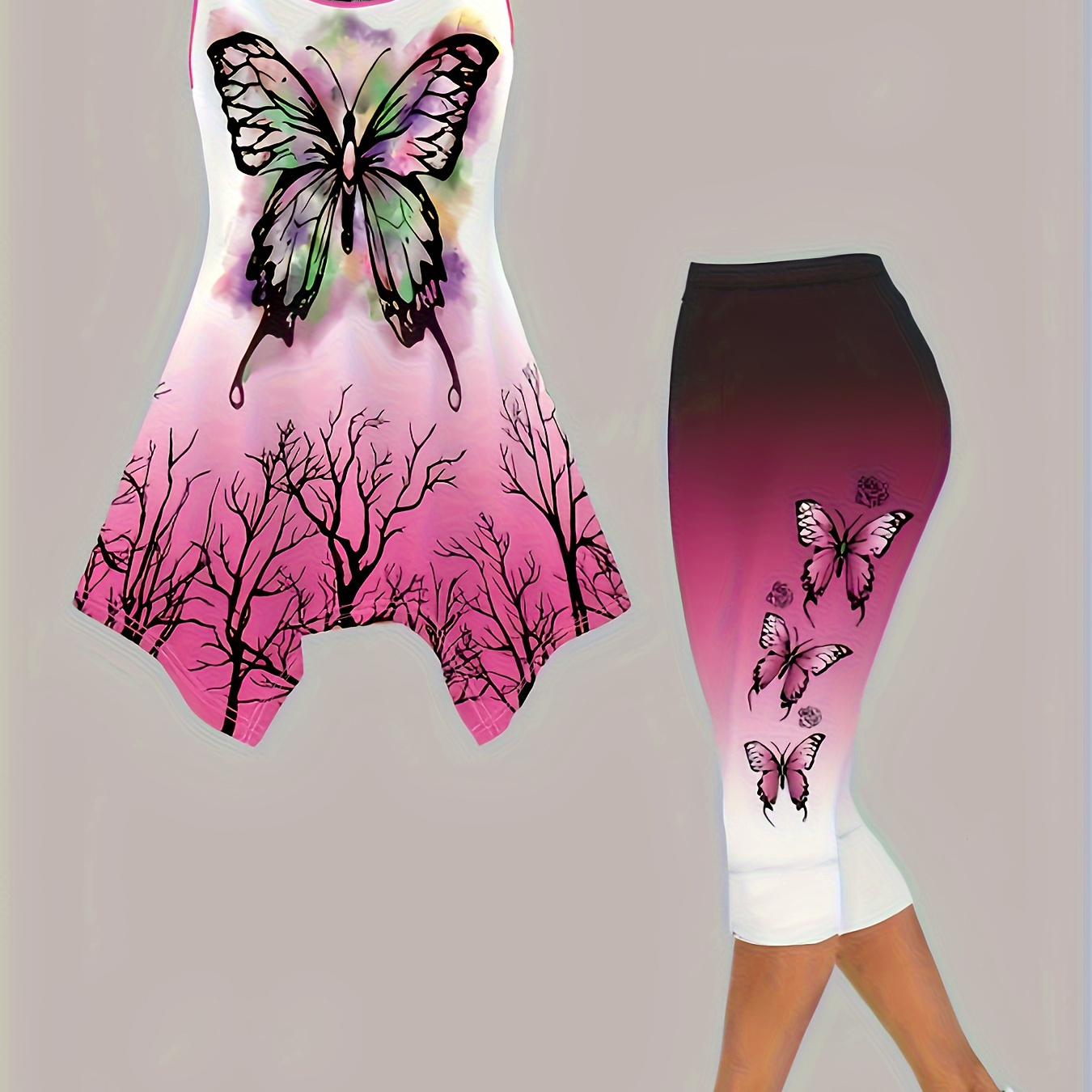 

Butterflies Print 2 Pieces Set, Sleeveless Flare Top & Cropped Leggings Set, Women's Clothings