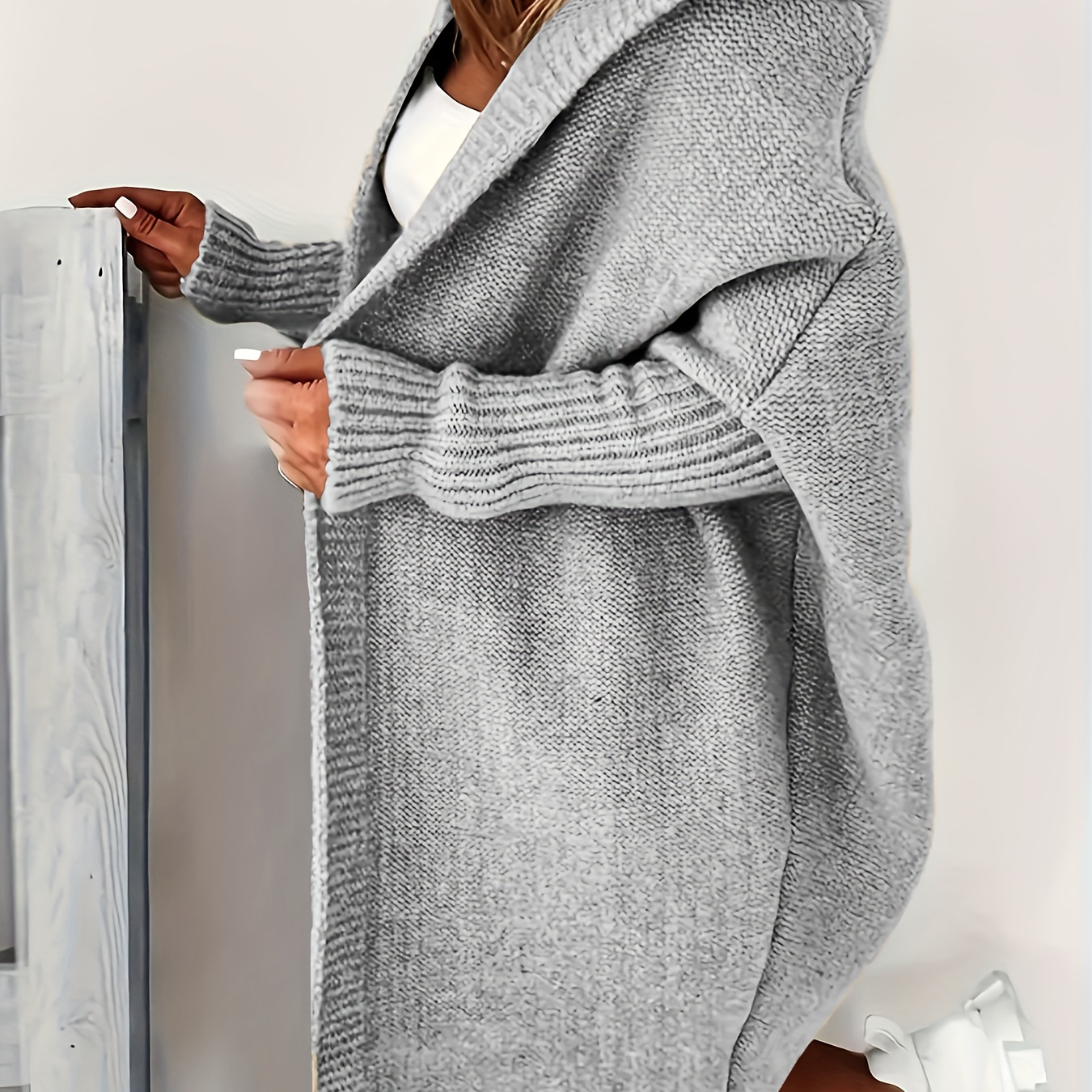 Plus Size Casual Cardigan, Women's Plus Solid Stitching Long Sleeve Hooded Open Front Slight Stretch Sweater Cardigan