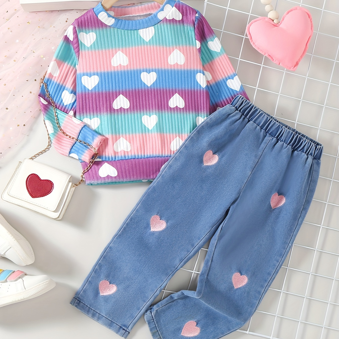 

[1 Set] Striped Sweatshirt Top + Hearts Embroidered , Fit & , Outfit For Fall/ , As