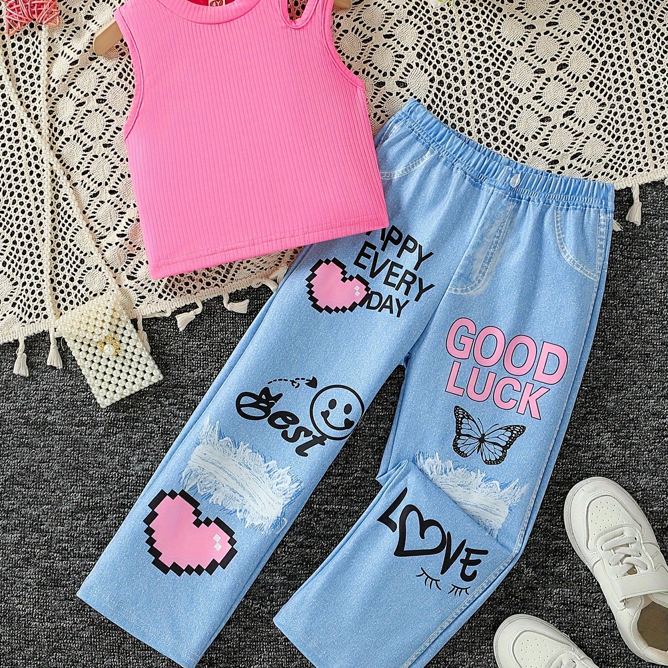 

2pcs, Solid Color Cropped Sleeveless Crew Neck T-shirt + Letters Print Imitation Denim Pants Set For Girls, Versatile And Trendy Summer Gift