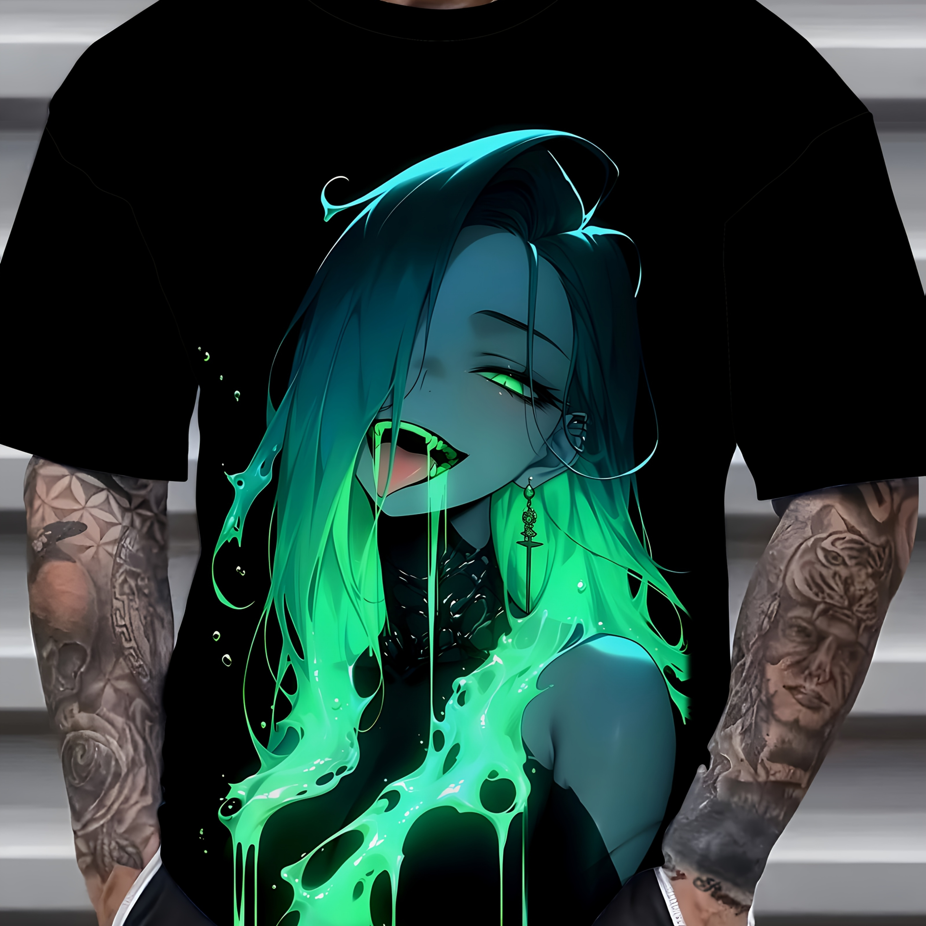 

Men's Plus Size Graphic T-shirt - Anime-style Teal Hair Character Print, Short Sleeve, Round Neck, Casual & , Polyester , Casual | Trendy Streetwear | Machine Washable, Plus Size