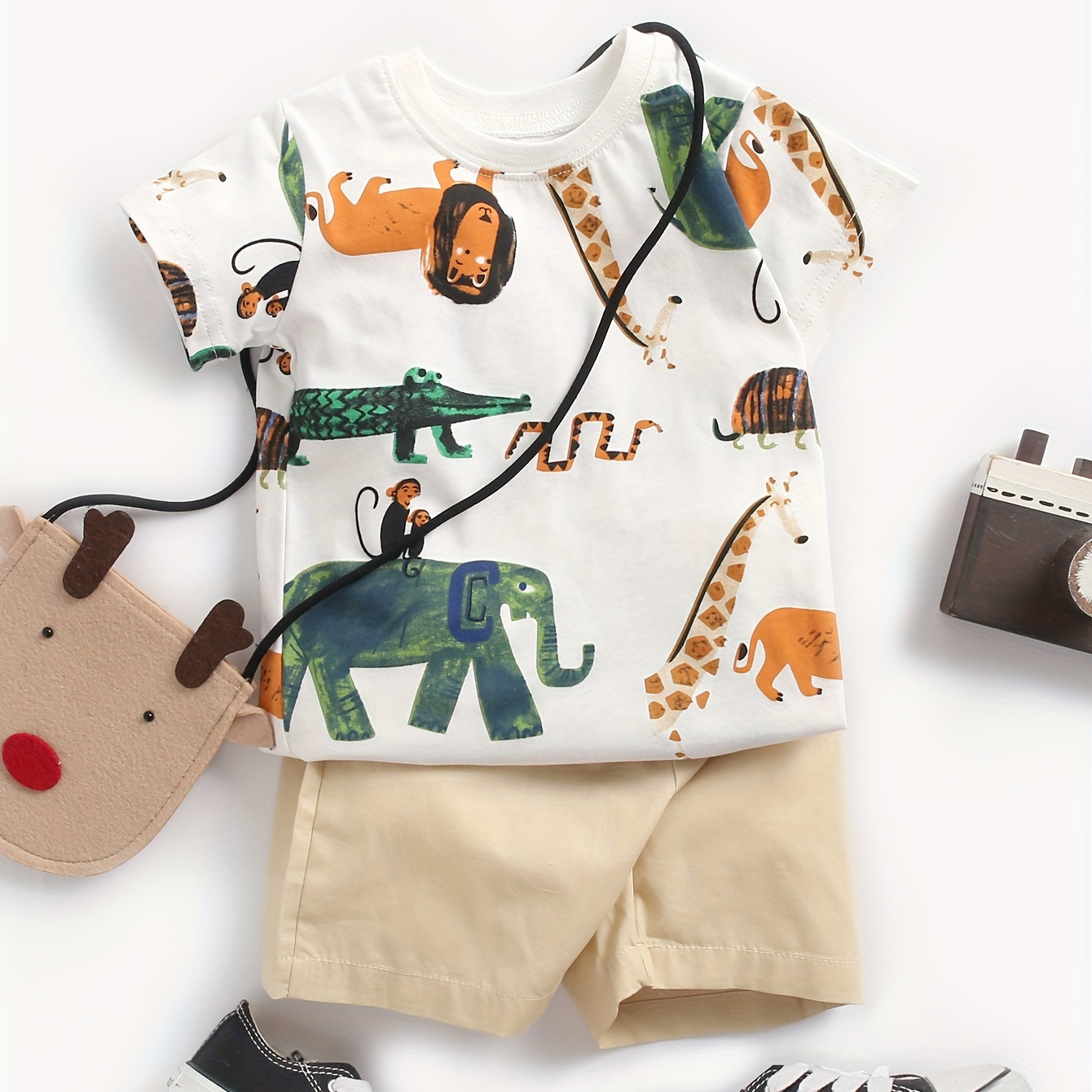 

2pcs Infant & Toddler's Cartoon Animals Full Print Summer Set, T-shirt & Casual Shorts, Baby Boy's Clothes