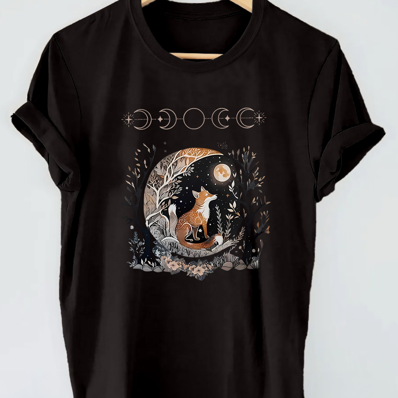 

Fox & Moon Print T-shirt, Short Sleeve Crew Neck Casual Top For Summer & Spring, Women's Clothing