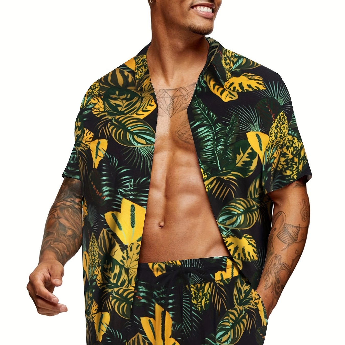 Plus Size Men's Sun Protection Sets, Flower Pattern Hawaiian Casual Button Down Short Sleeve Shirt & Elastic Waist Shorts