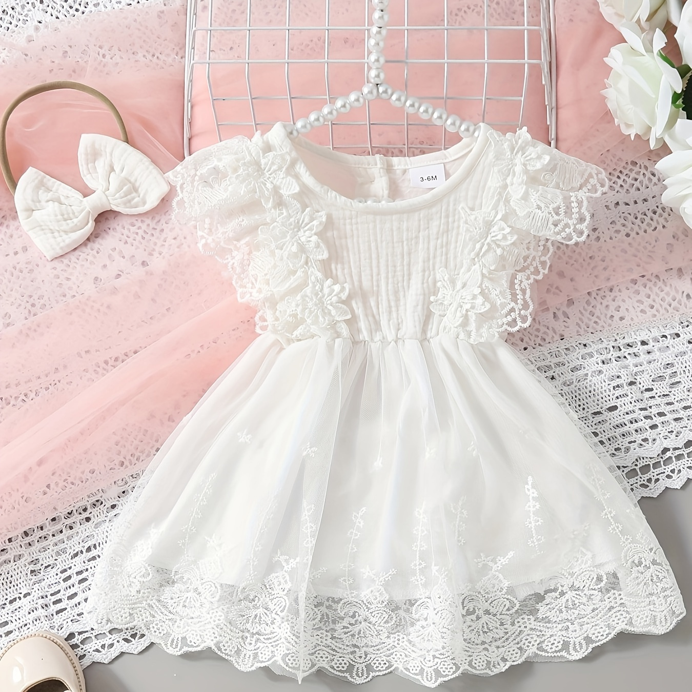 

Baby's Elegant Flower Embroidered Lace Cap Sleeve Dress, Infant & Toddler Girl's Clothing For Summer Christening & Baptism, As Gift