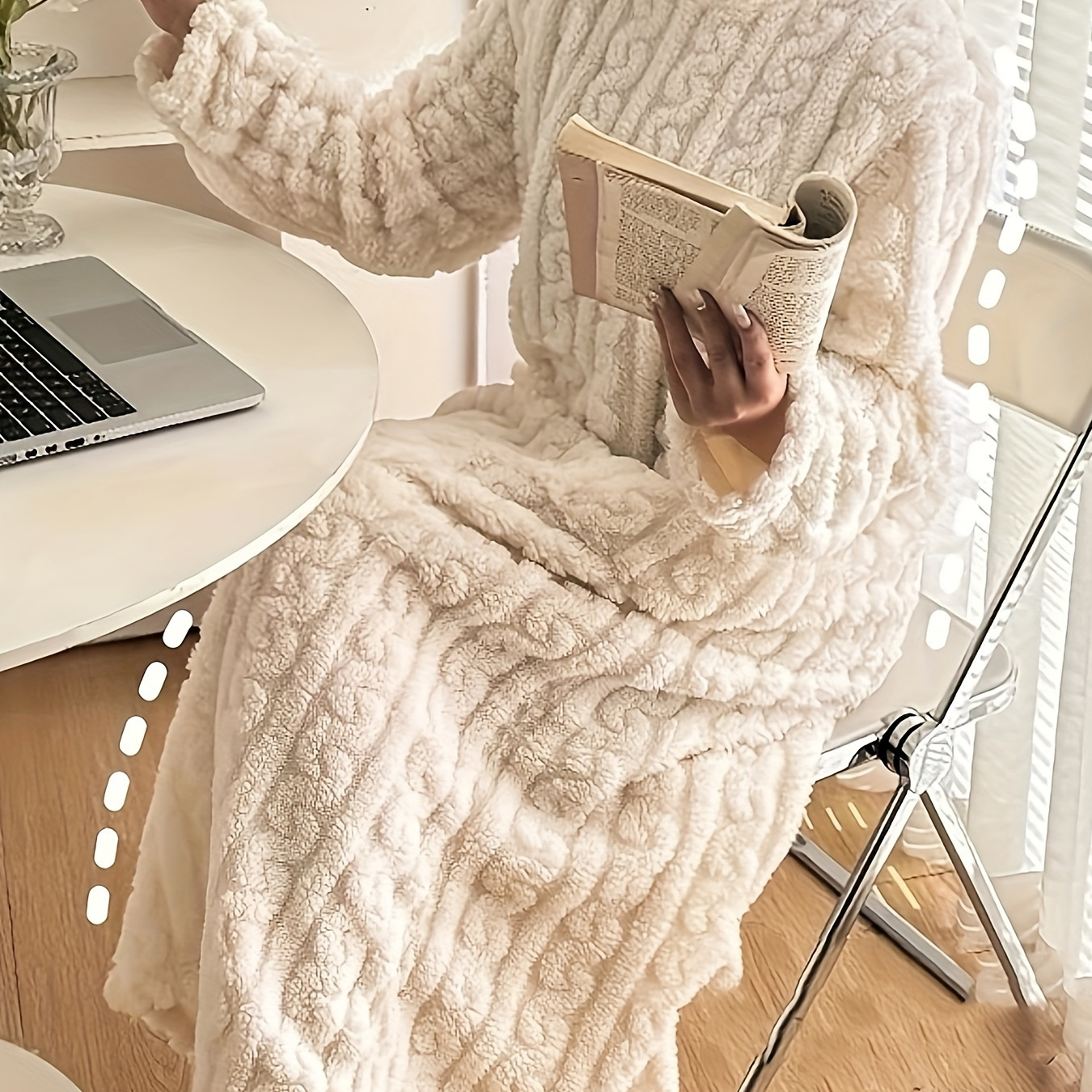 

Women's Casual Solid Jacquard Plush Thickened Sleepwear Dress, Long Sleeve Round Neck Loose Fit Maxi Dress, Comfortable Nightgown For Fall Or Winter