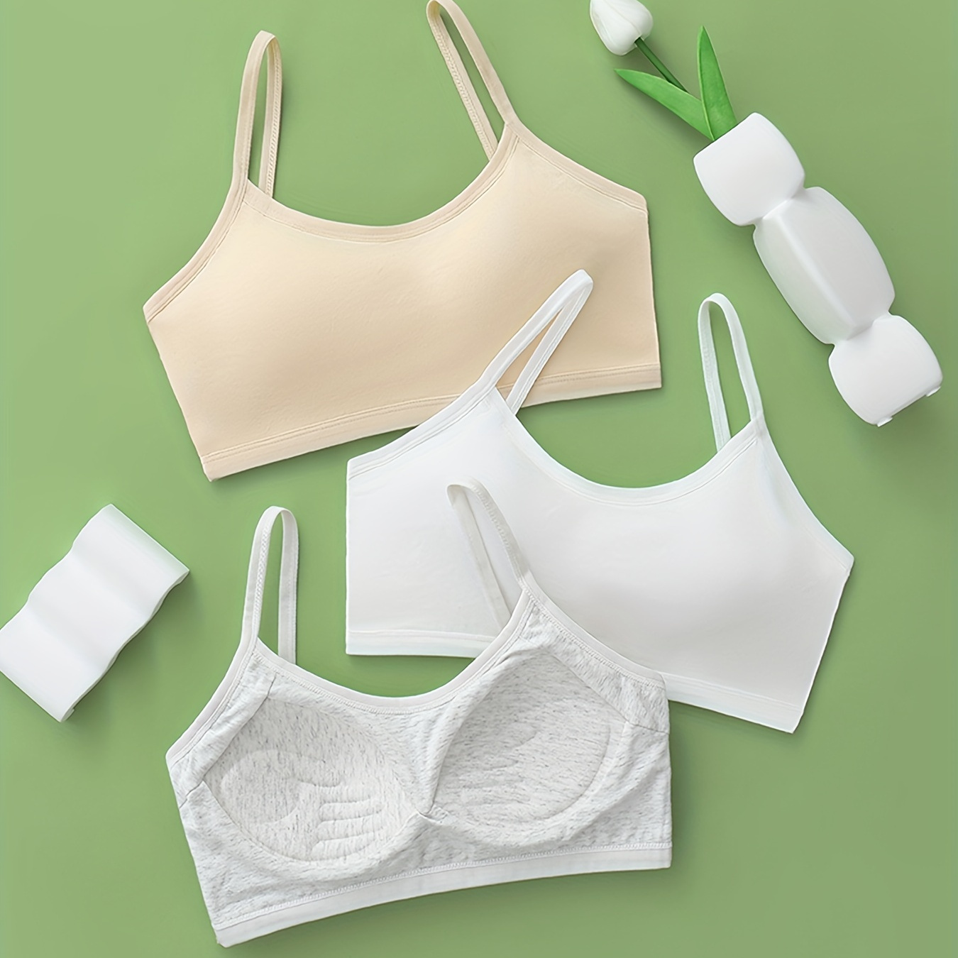 

3pcs Comfy Cotton Blend Sports Bras For Girls, 9-14 Years - Cute & Breathable With Padded Cups