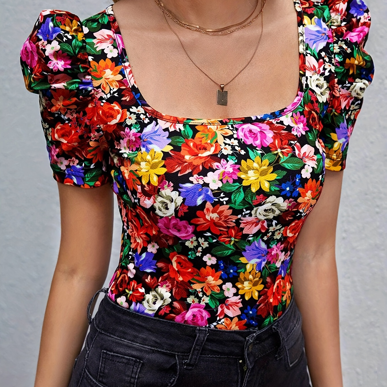 

Floral Print Square Neck T-shirt, Elegant Puff Sleeve T-shirt For Every Day, Women's Clothing