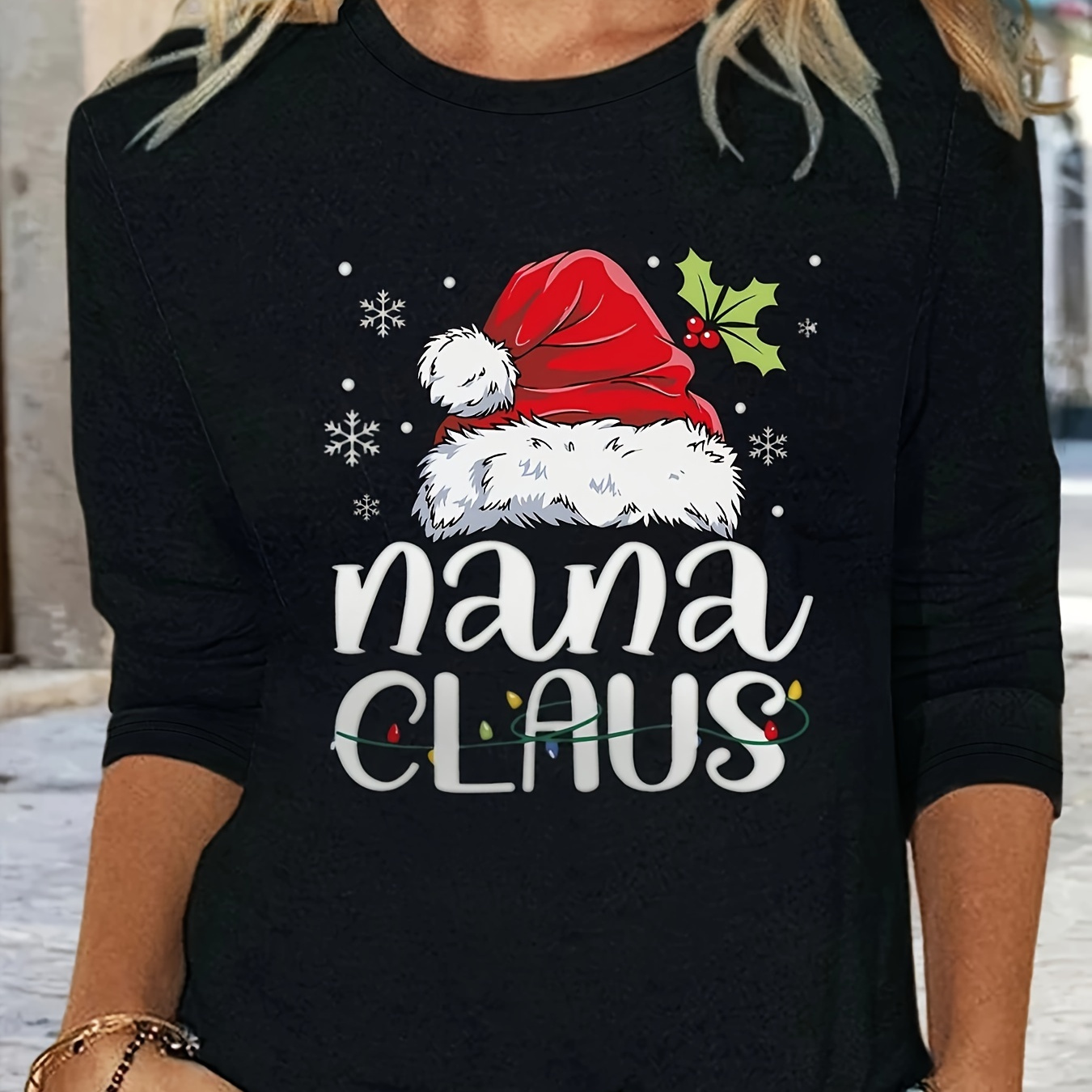 

Women's Casual Crew Neck Long Sleeve T-shirt, Polyester Knit Fabric, Regular Length, With Santa Hat Alphabet Print, For Spring/fall