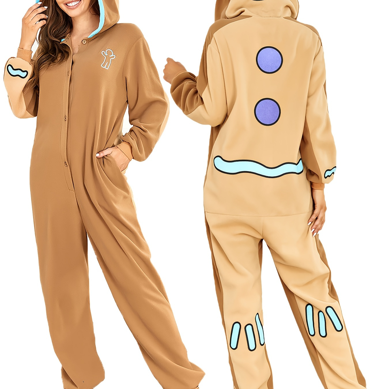 

Cozy Polar Fleece Gingerbread For Man Onesie - Warm & Soft Long Sleeve, Hooded Pajama Jumpsuit For Adults, Fall/winter Cosplay & Sleepwear, Gingerbread Pajamas