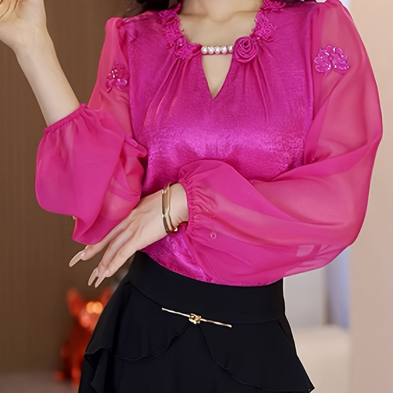 

Elegant Middle-eastern Style Polyester Blouse For Women - 100% Polyester Crew Neck Top With Solid Color, Long Lantern Sleeves, Embroidered Detail, Woven Shirt