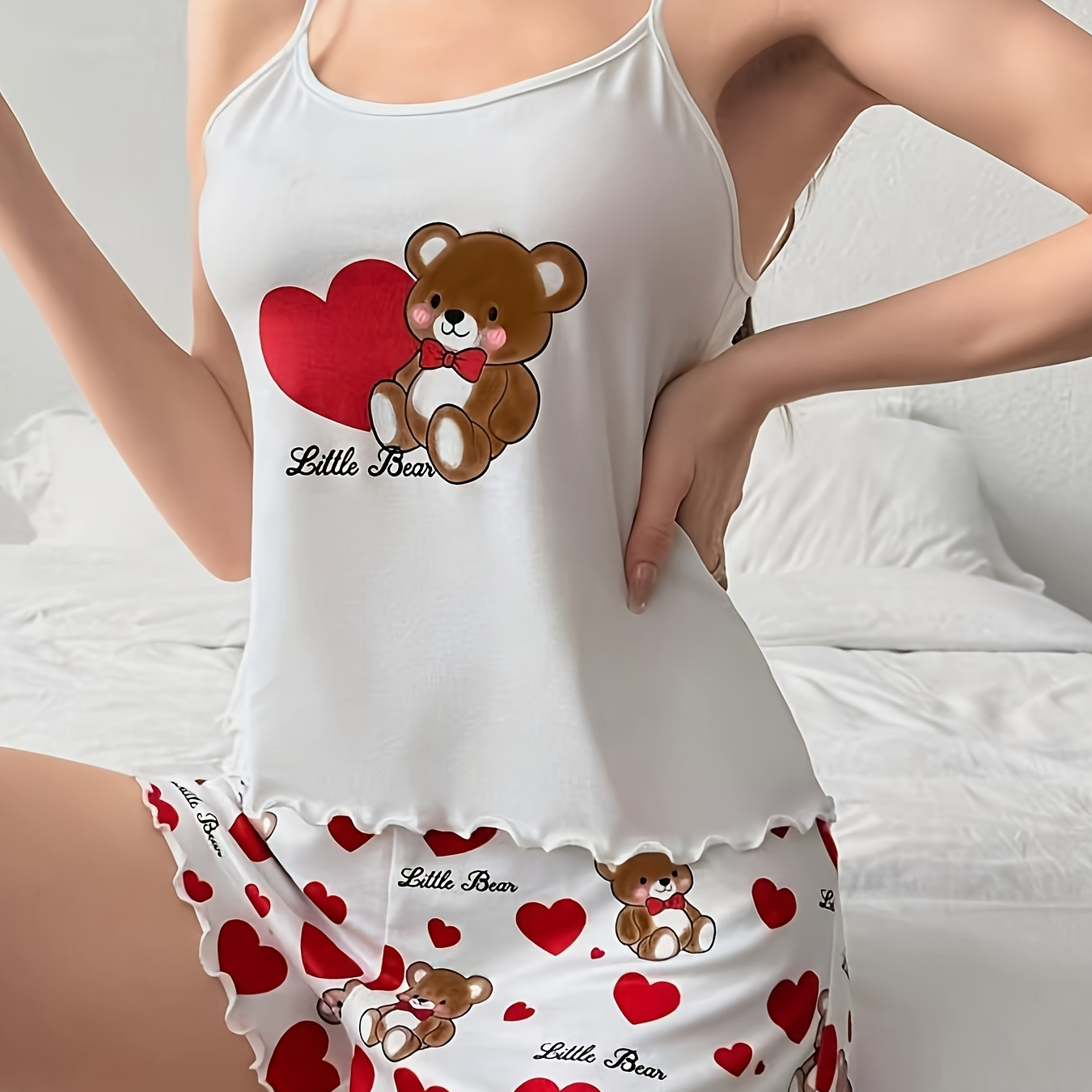 

Women's Cute Bear & Heart Print Frill Trim Pajama Set, Round Neck Backless Cami Top & Shorts, Comfortable Relaxed Fit, Summer Nightwear
