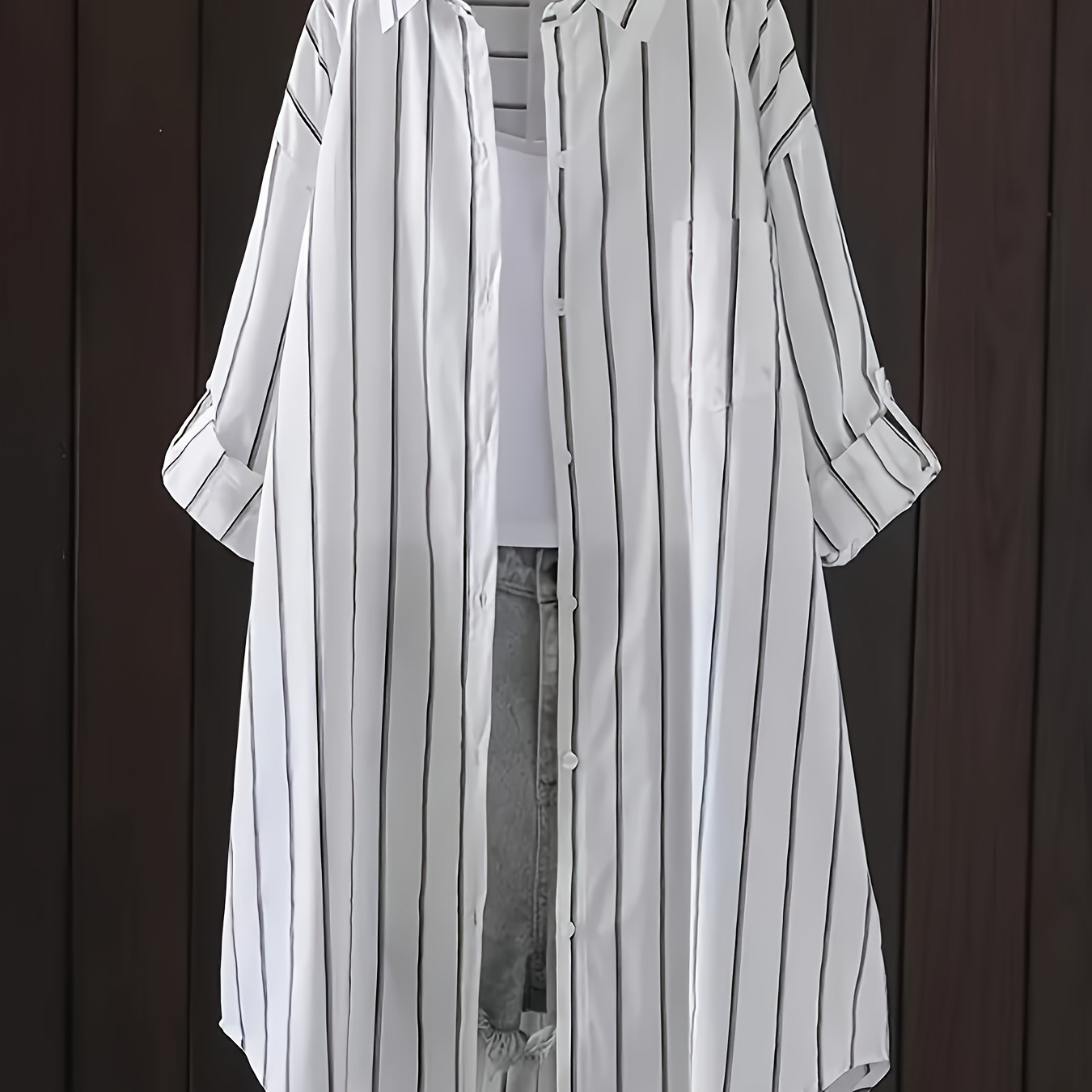 

Stripe Print Button Front Blouse, Casual Rolled Sleeve Top For Spring & Summer, Women's Clothing