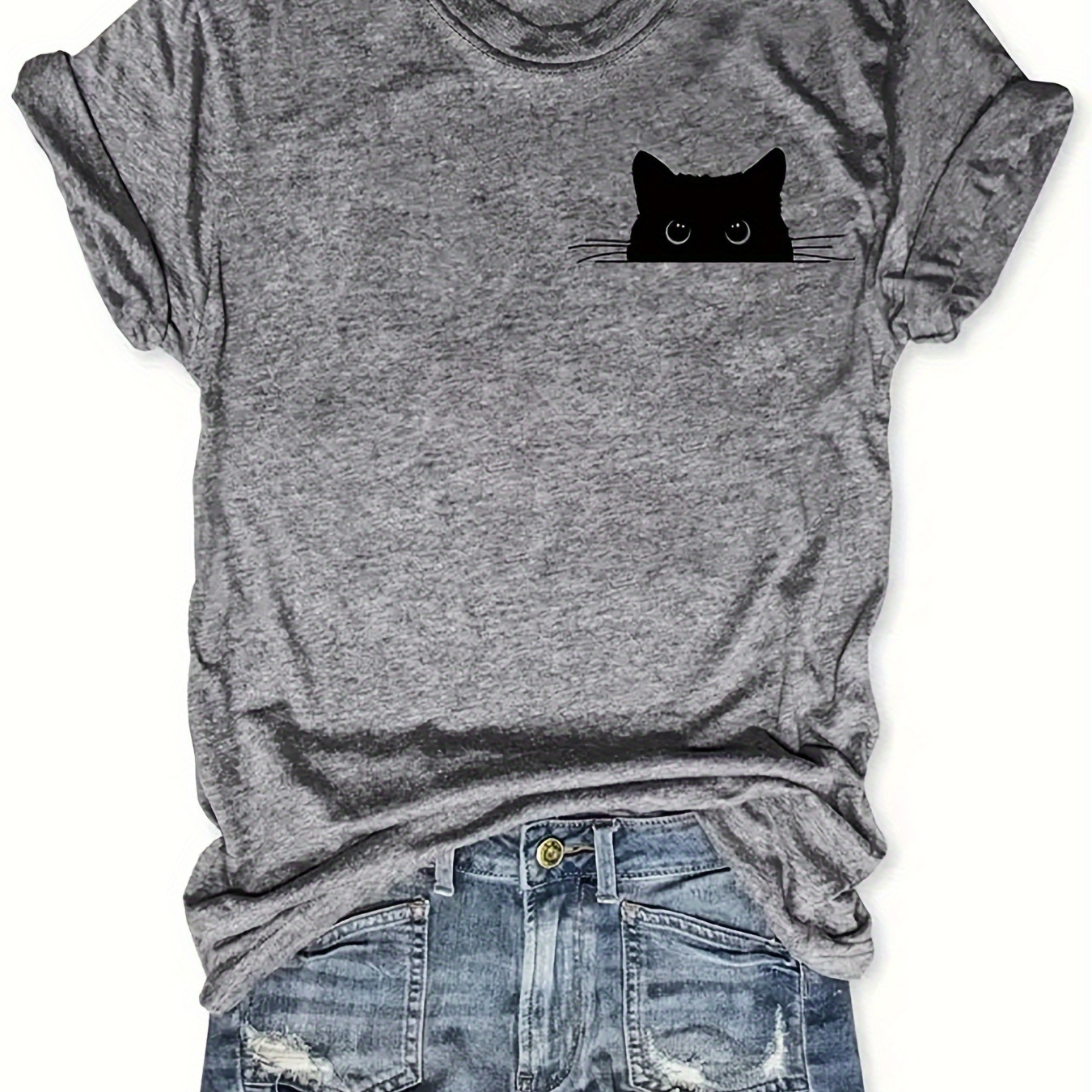 

Cat Print Crew Neck T-shirt, Casual Short Sleeve Top For Spring & Summer, Women's Clothing