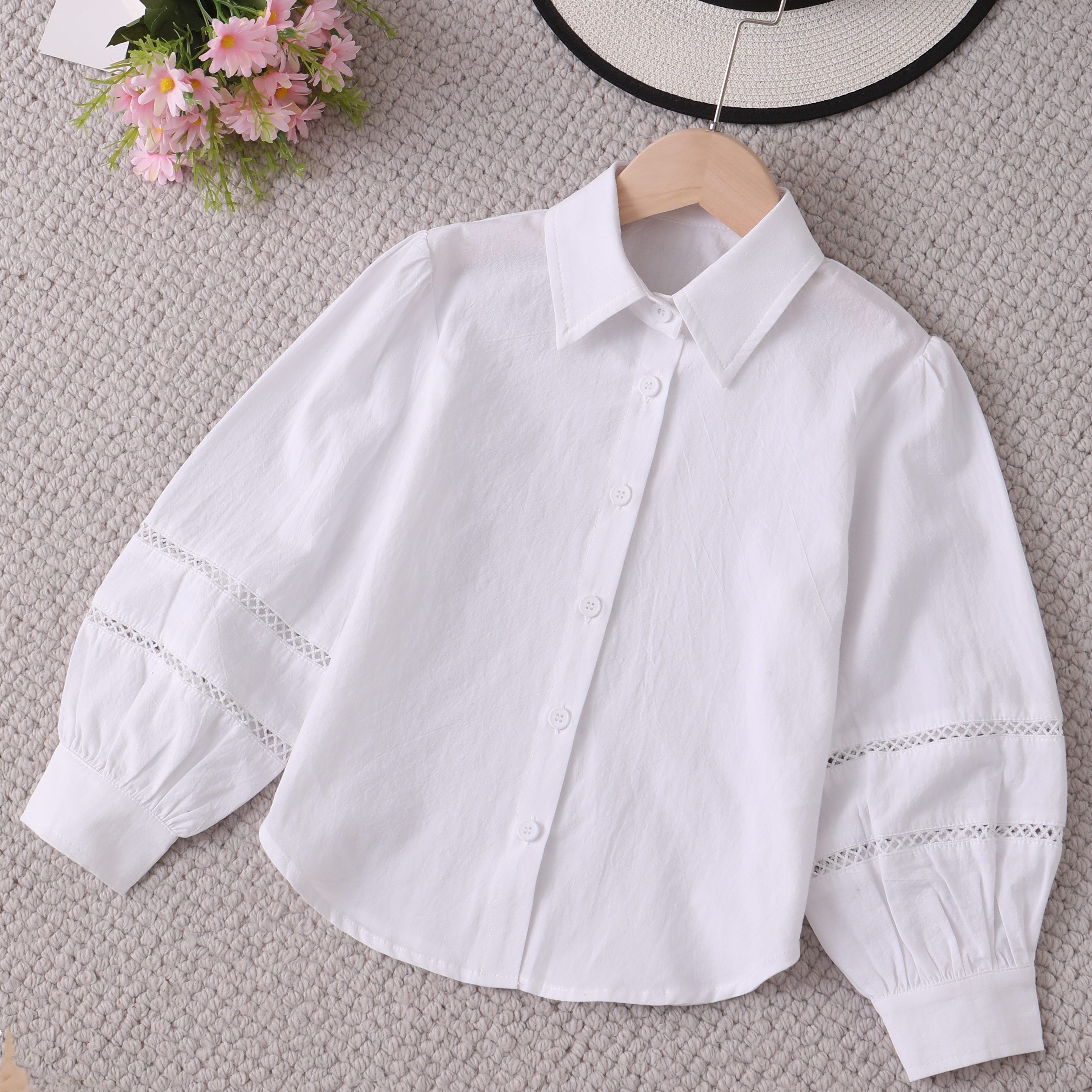 

Girl's Boho Hollow-out Bubble Sleeve Shirt, 100% Pure Cotton Solid White Loose Casual Button Collar Blouse