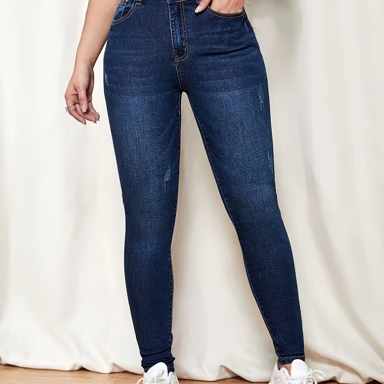 

Women's Plain Skinny Fit Jeans, Elegant Style, Washed Denim With Slash Pockets, Stretchable Fabric, Casual Fashion - Perfect For Fall & Winter