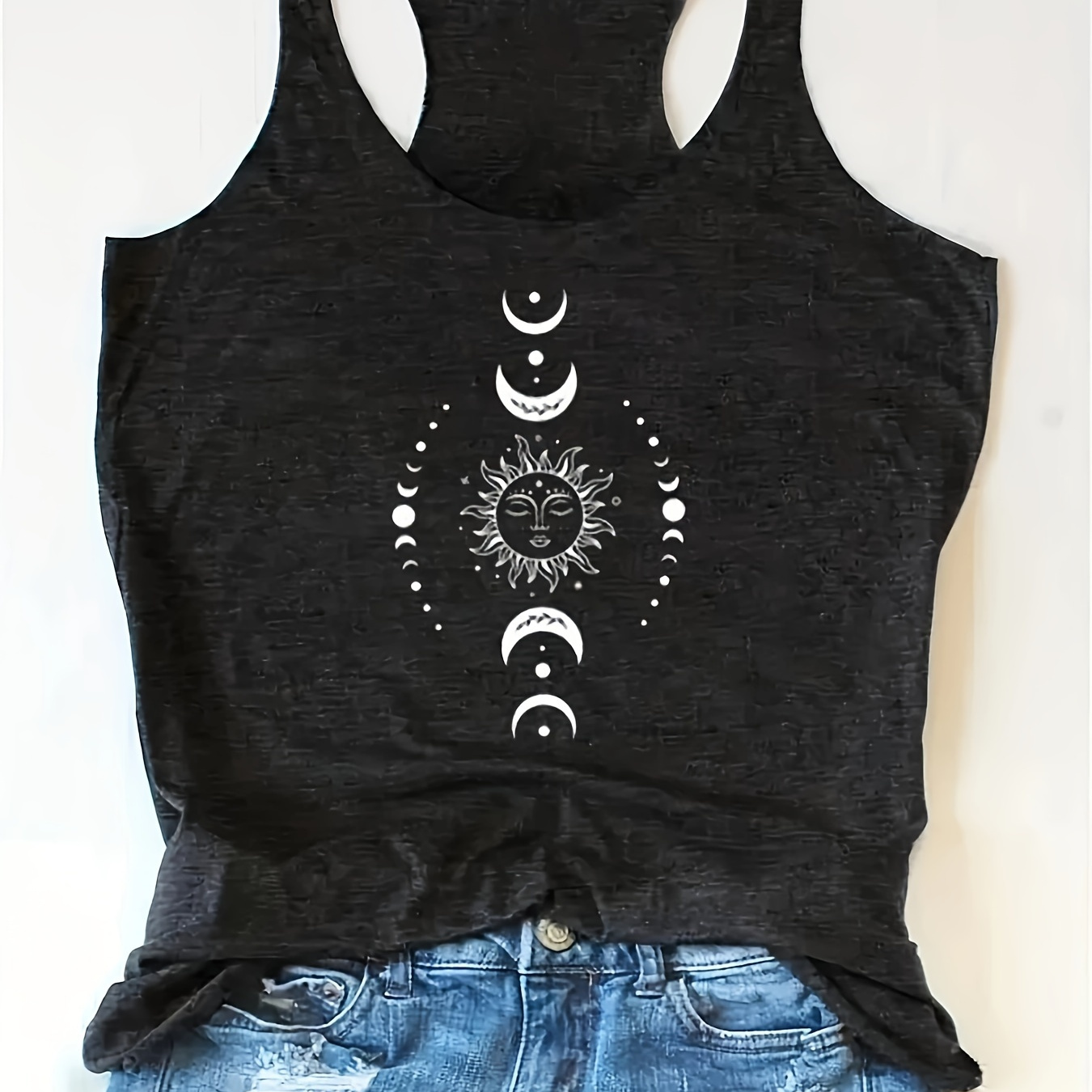 

Sun & Moon Print Crew Neck Tank Top, Casual Sleeveless Top For Spring & Summer, Women's Clothing