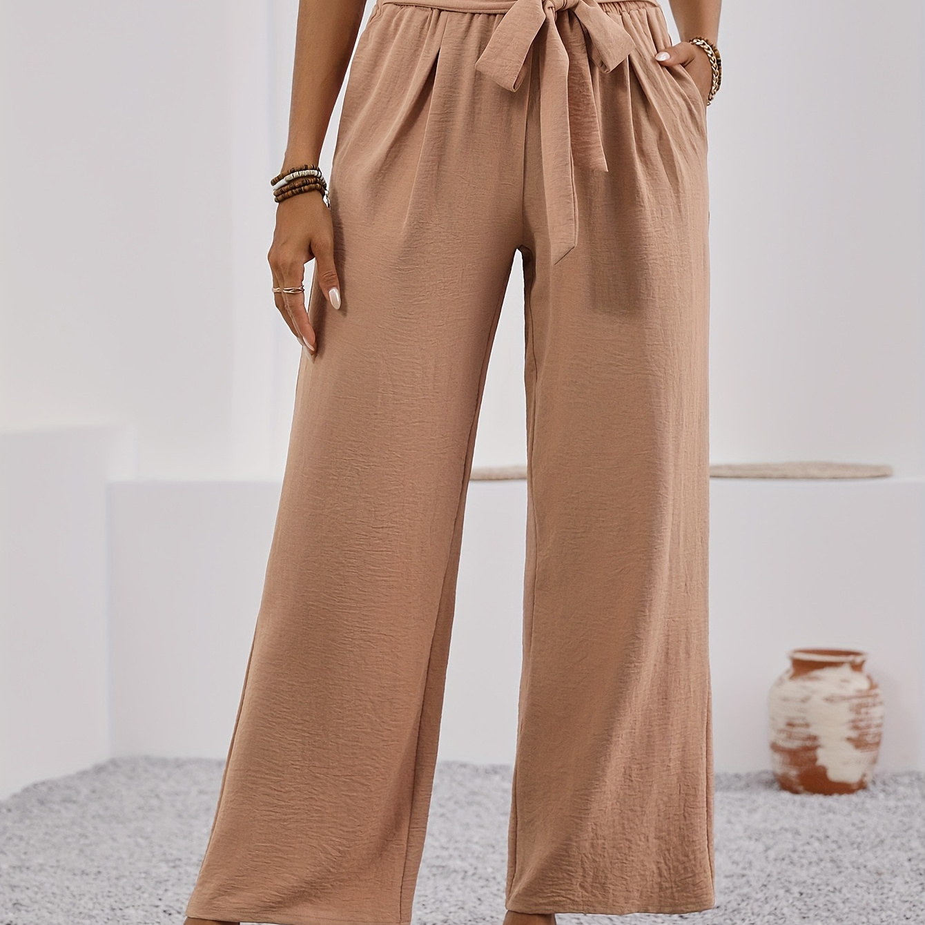 

Women's Wide Pants With Pockets Lightweight High Waisted Adjustable Tie Knot Loose Trousers