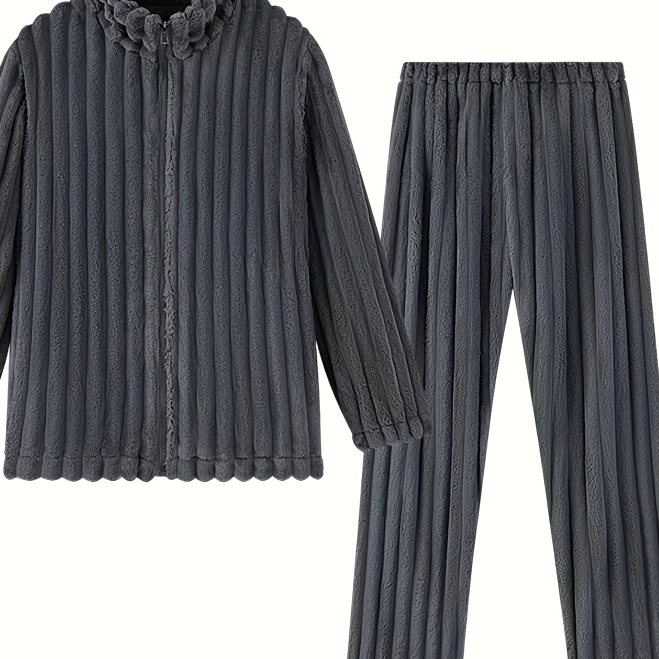 

Men's Cozy Fleece-lined Pajama Set - Long Sleeve Zip-up Cardigan & Pants, Warm Loungewear For Fall/winter, Dark Gray