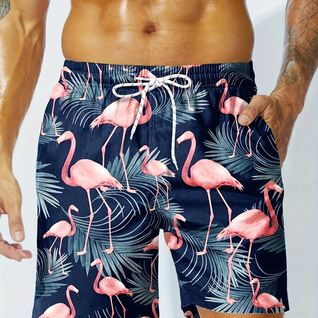 

Men's Flamingo And Tropical Floral Pattern Board Shorts With Drawstring And Pockets, Trendy And Chic Shorts For Summer Leisurewear And Beach Vacation