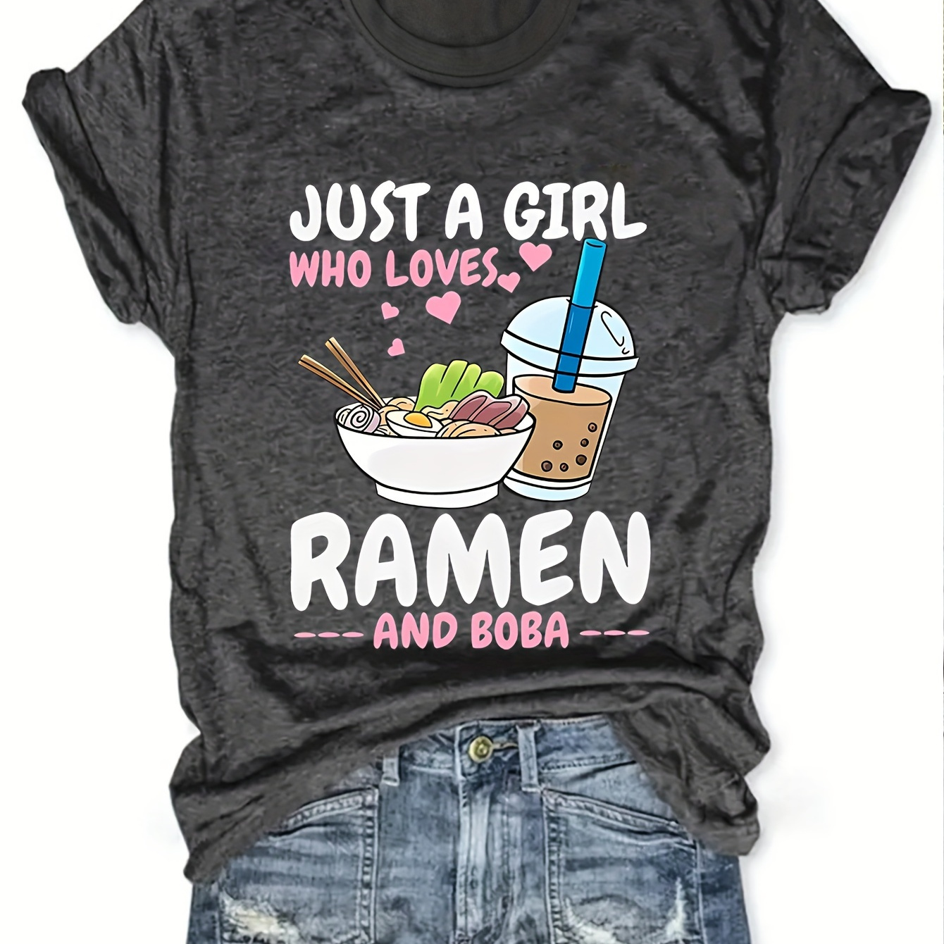 

Ramen Print Crew Neck T-shirt, Casual Short Sleeve Top For Spring & Summer, Women's Clothing