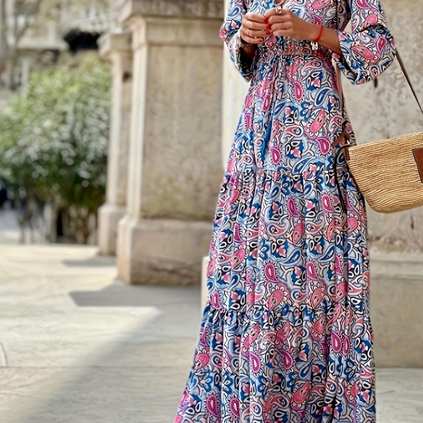 

Women Floral Dress Casual Long Sleeve High Waist Ruffle A-line Flowy Maxi Dresses