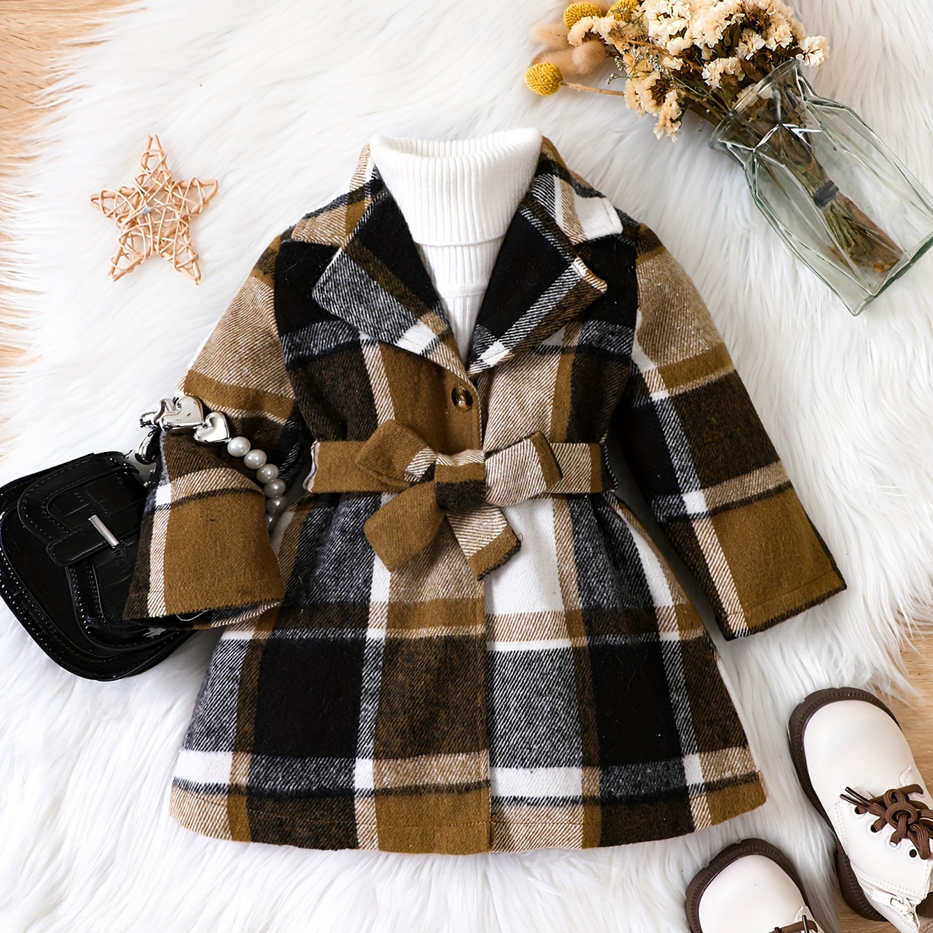 Baby Girls Stylish Turndown Collar Belted Single Breasted Plaid Coat, Kids Clothes Autumn And Winter