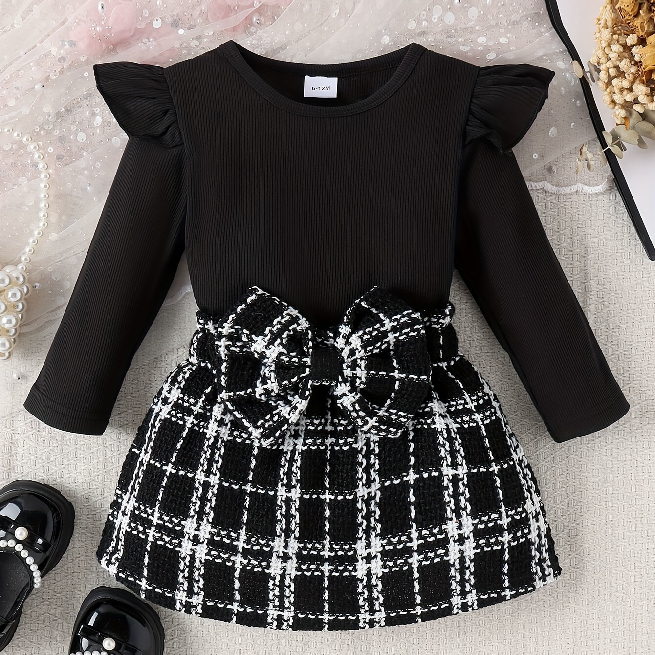 

Infant Girl Clothes Set, Black Long Sleeve Casual Top + Bow Fashion Plaid Short Skirt 2pcs Set