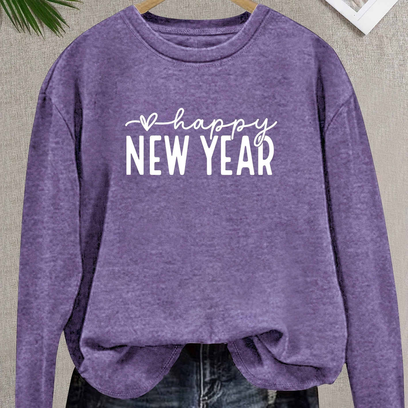 

Women' Crew Neck Long Sleeve T-shirt, Polyester Knit Fabric With Medium Stretch, With Happy New Year Letter Print, For Spring/summer/fall