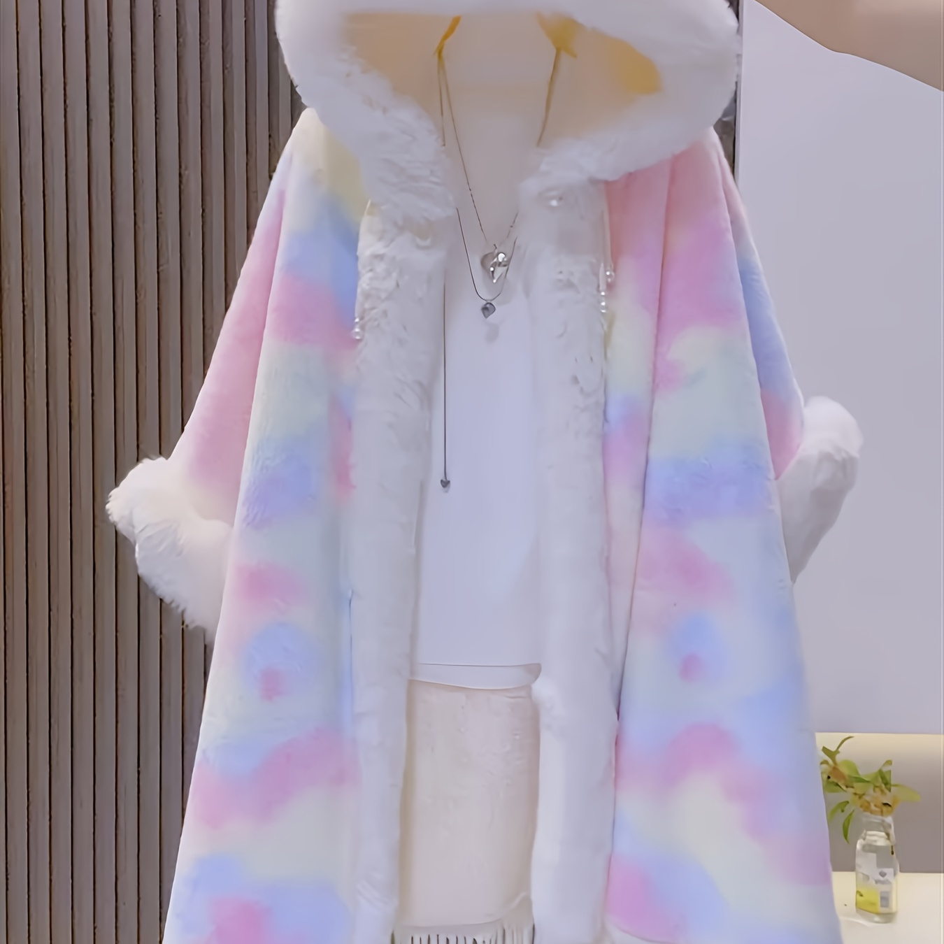 Pastel Tie-Dye Faux Fur Hooded Coat