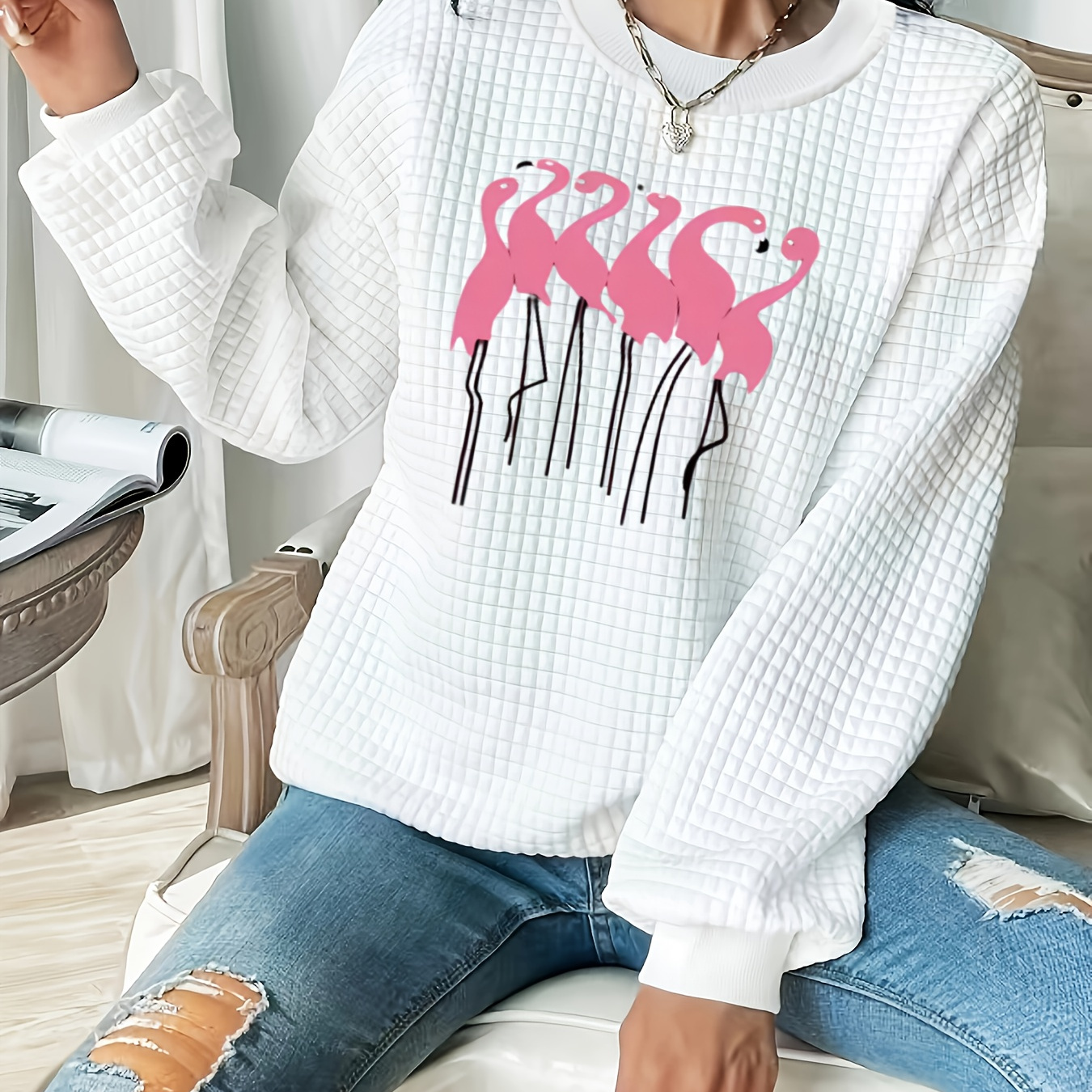 

Plus Size Flamingo Print Sweatshirt, Crew Neck Casual Sweatshirt For Fall & Spring, Women's Plus Size Clothing