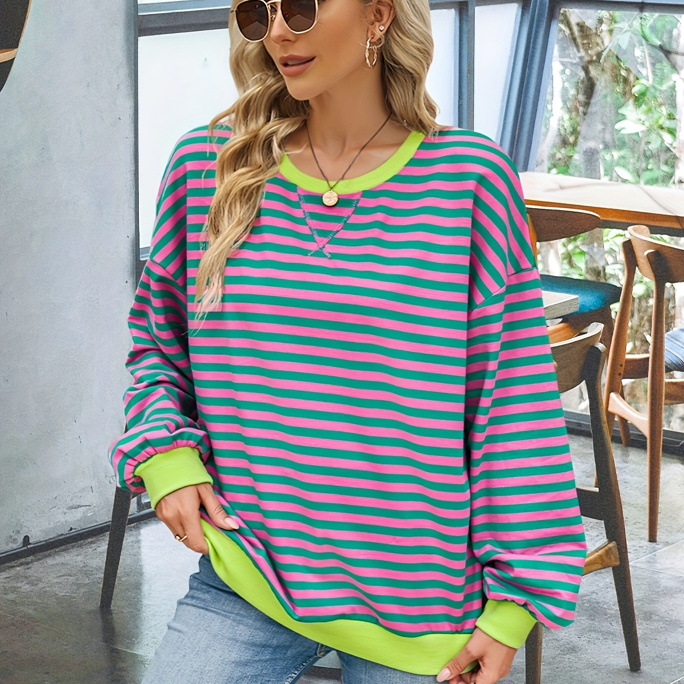 

Women Striped Oversized Sweatshirt Crew Neck Long Sleeve Shirt Casual Pullover Top For Casual Wear, Parties, Office, School, Home, Work And And For Christmas And Halloween Parties