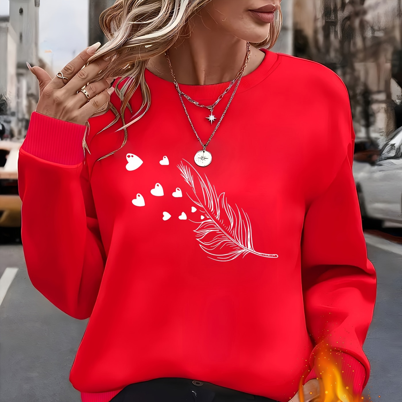 

Elegant Heart Print Fleece-lined Long Sleeve Crew Neck Sweatshirt For Women - Machine Washable