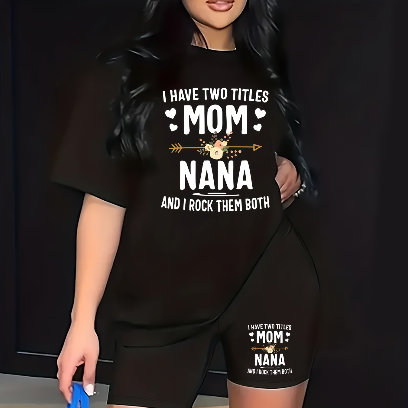 

Plus Size Letter Print 2 Piece Set, Short Sleeve T-shirt & Shorts, Women's Plus Size Clothing