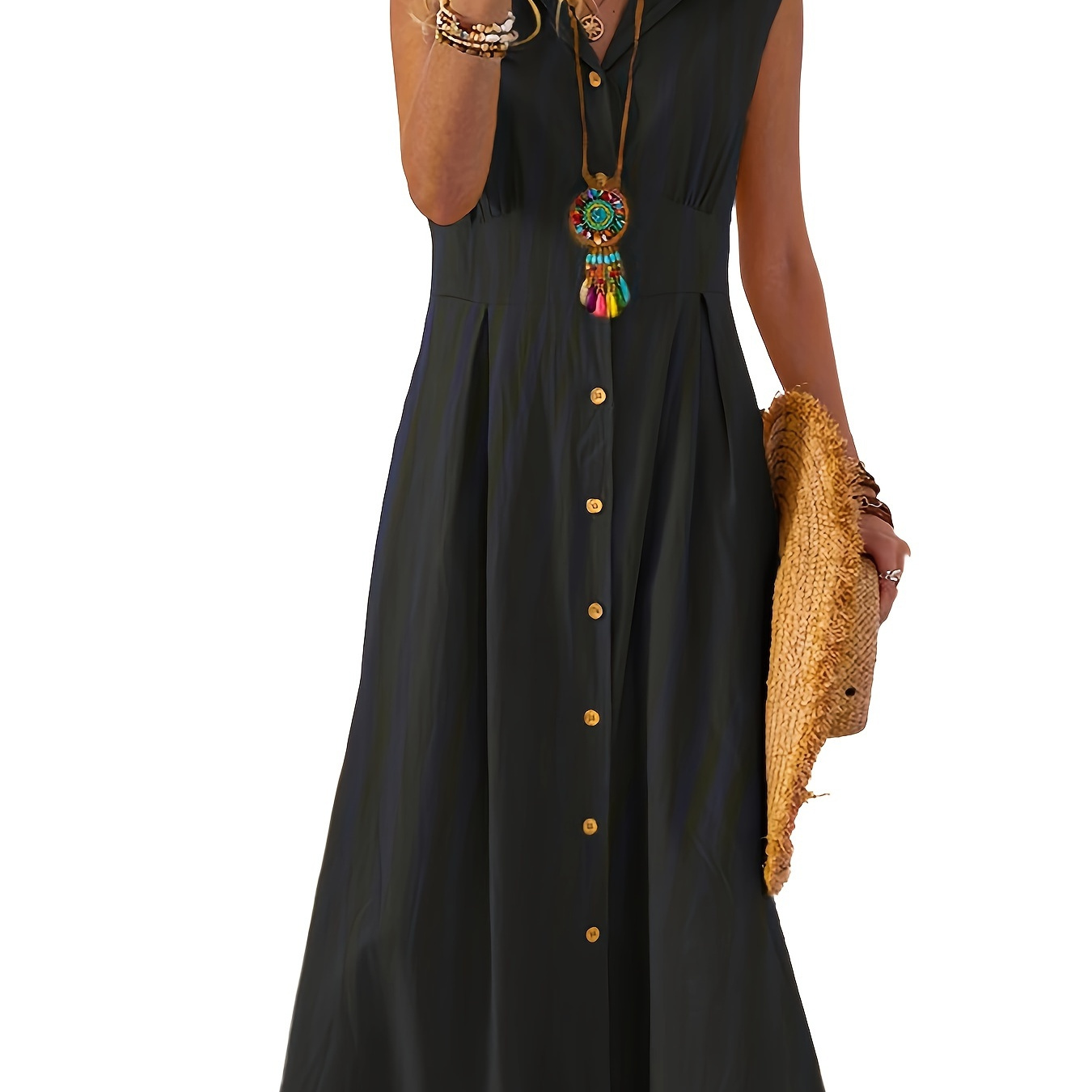 

Women Long Dress, Sleeveless Turn-down Collar Button-down Casual Party Summer A-line Dress