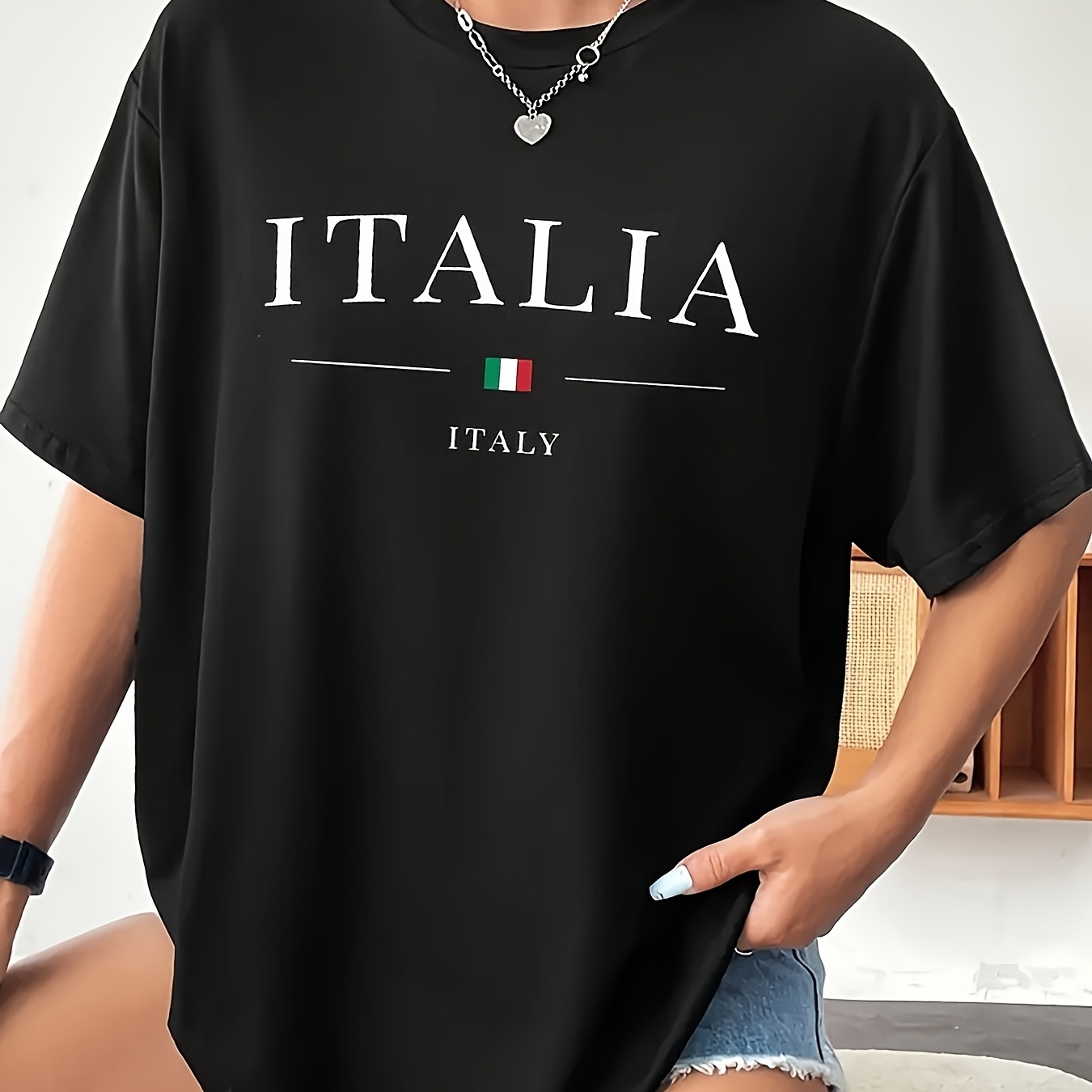 

Italia Print Crew Neck T-shirt, Casual Short Sleeve Top For Spring & Summer, Women's Clothing